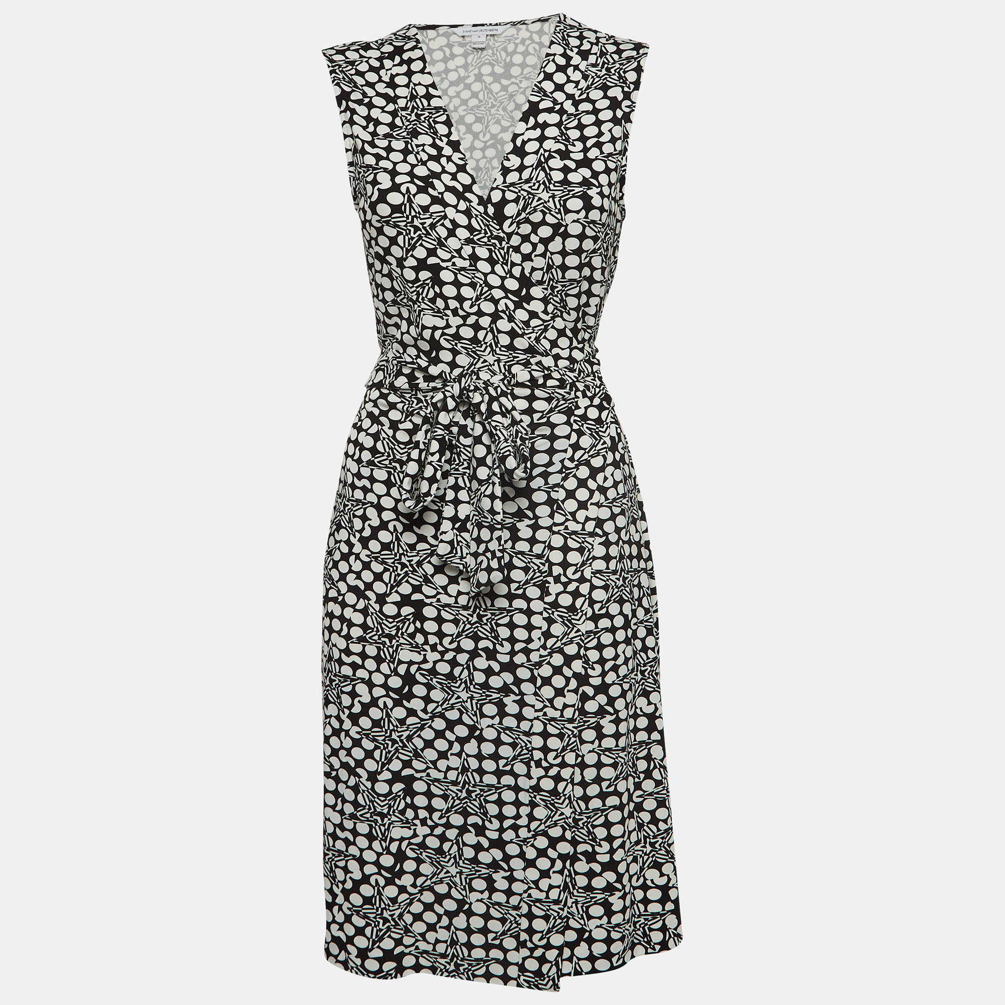 Diane Von Furstenberg Black/White Geometric Print Jersey Midi Wrap Dress L
