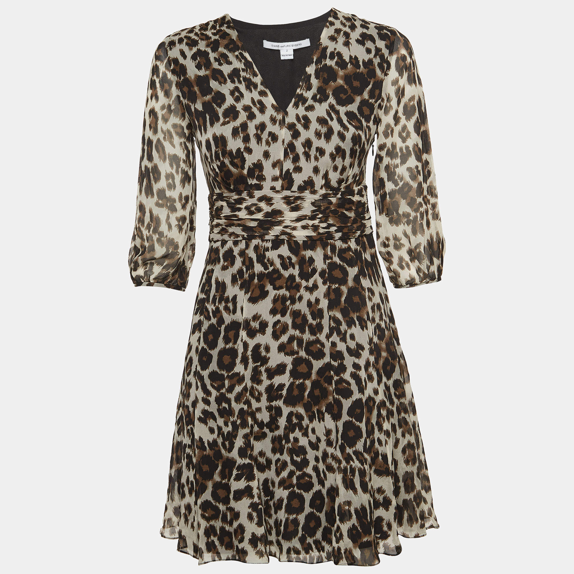 Diane Von Furstenberg Brown Leopard Print Silk Flared Mini Dress S