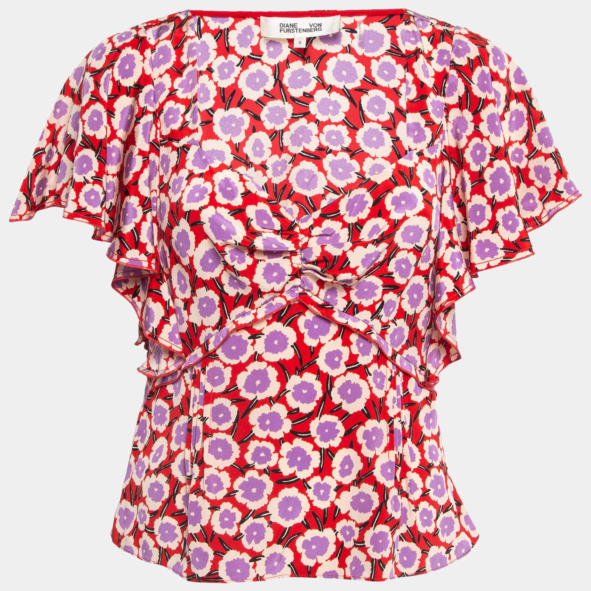 Pre Owned Diane Von Furstenberg Red Floral Print Silk Ruffled De Chine Top M
