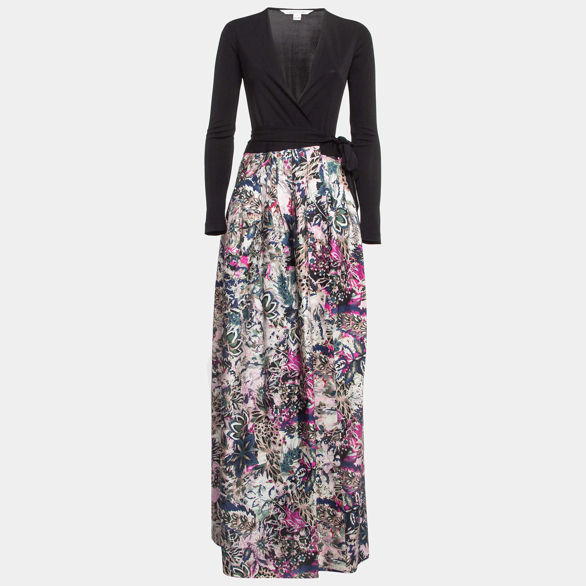 Pre Owned Diane Von Furstenberg Multicolor Floral Print Jersey and Silk Blend Maxi Wrap Dress S