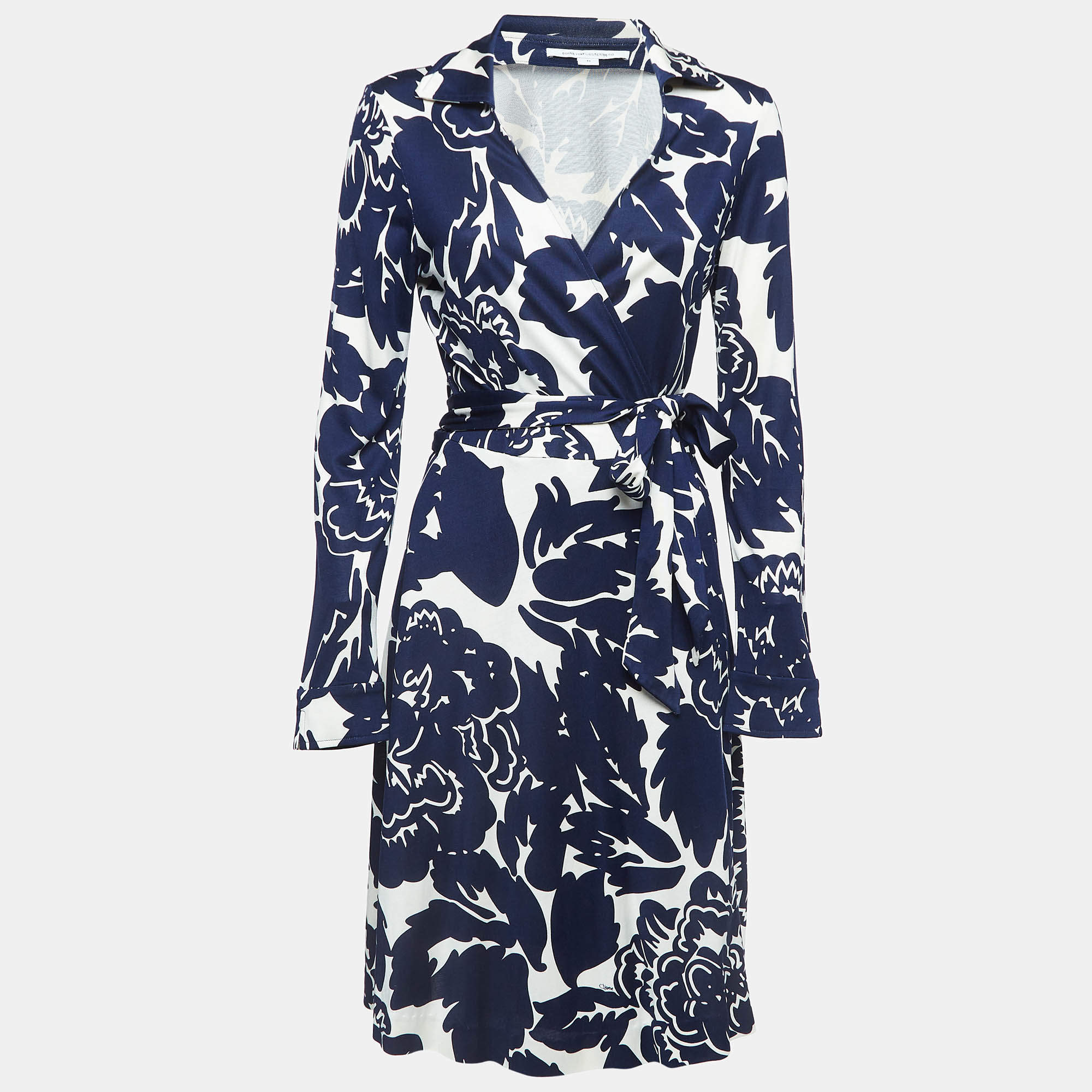 Pre Owned Diane Von Furstenberg Navy Blue Floral Printed Jersey Midi Wrap Dress L
