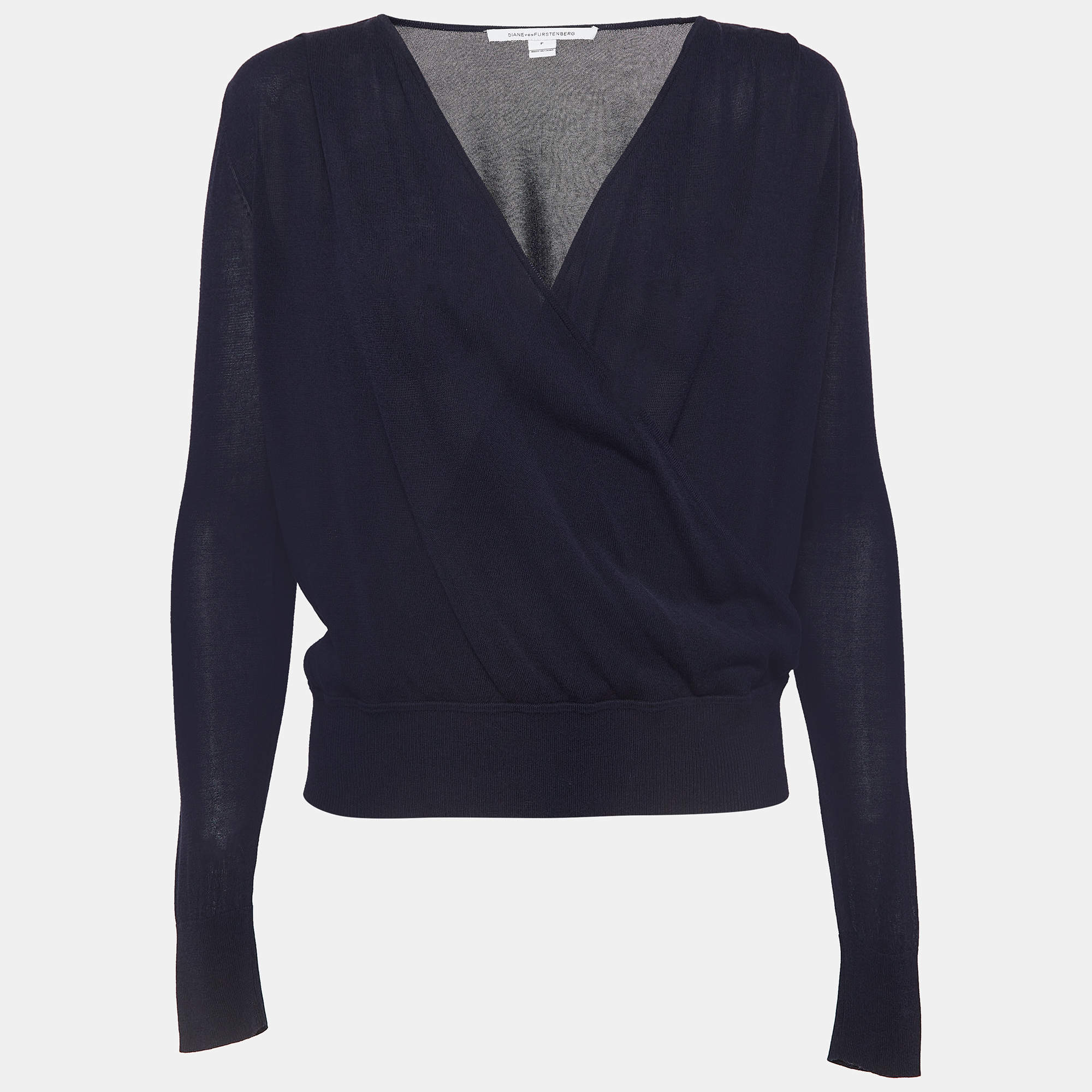 Pre Owned Diane Von Furstenberg Navy Blue Knit Wrap Style Top XS