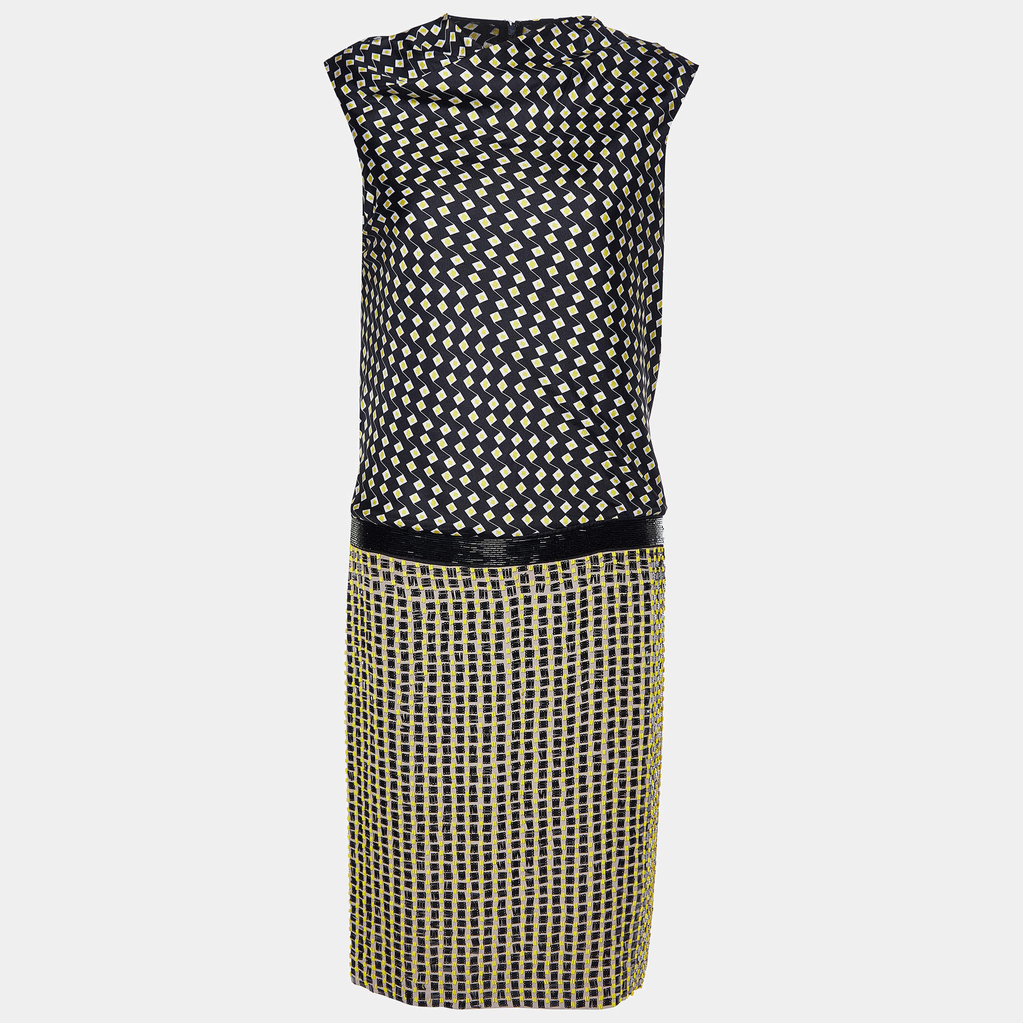 Pre Owned Diane Von Furstenberg Black Printed & Embellished Silk Sleeveless Dress M