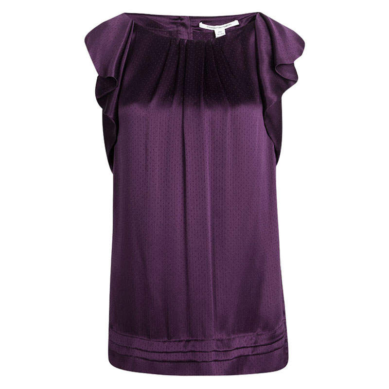 Pre Owned Diane Von Furstenberg Purple Silk Ruffle Detail Lindella Top L