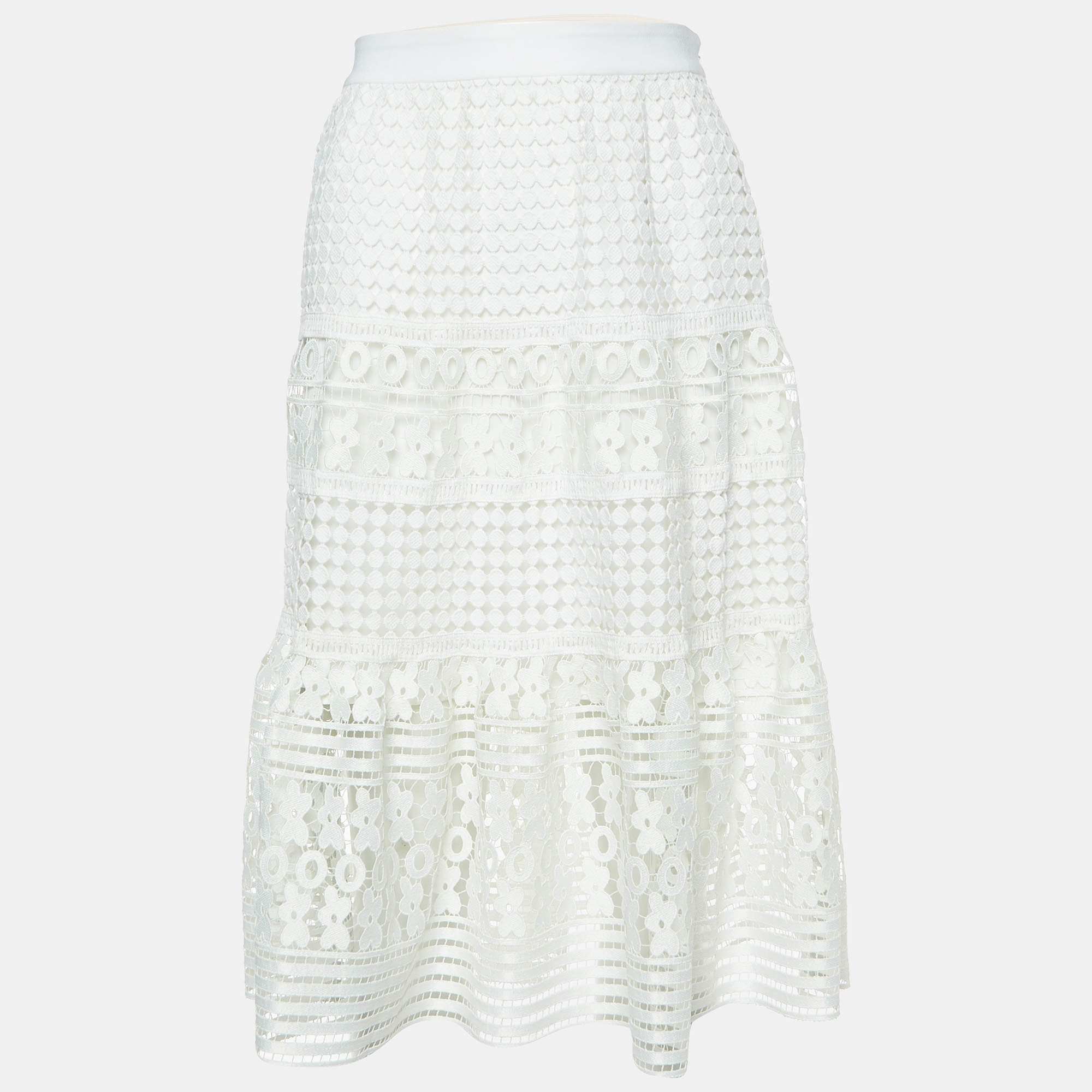 Pre Owned Diane Von Furstenberg White Lace Knee-Length Skirt M