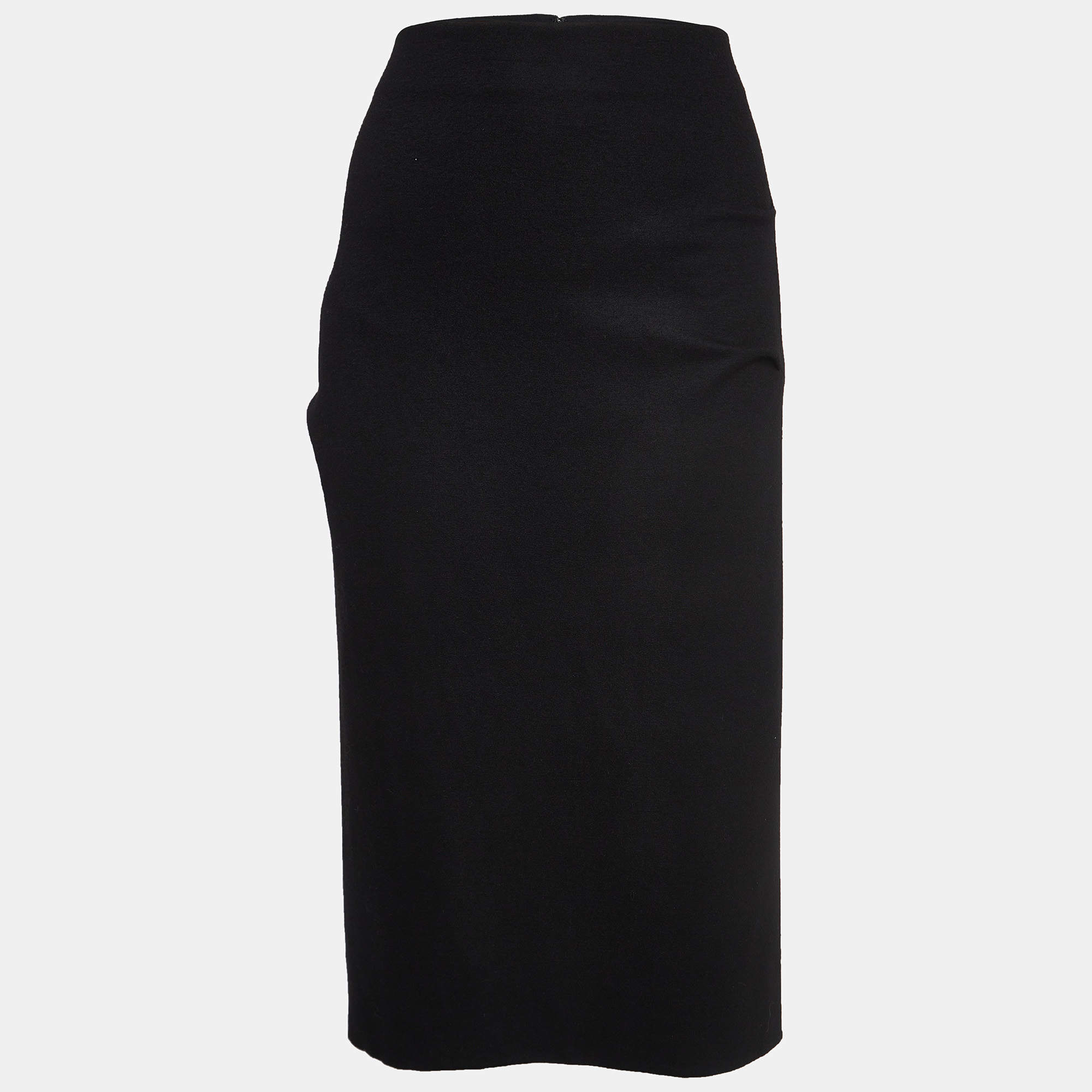 Pre Owned Diane Von Furstenberg Black Wool Pleated Detail Pencil Skirt L