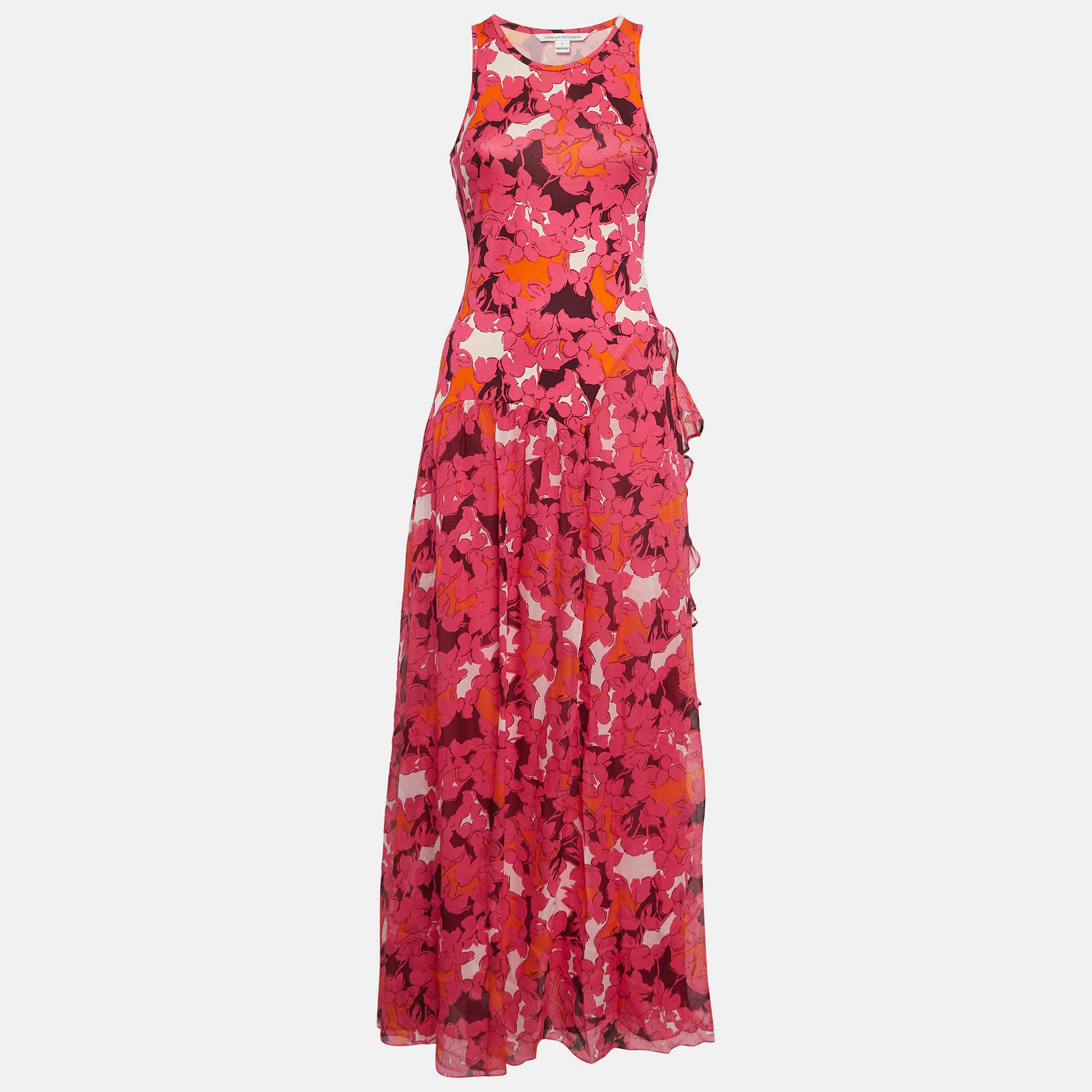 Pre Owned Diane Von Furstenberg Pink Eden Garden Print Jersey and Silk Davina Maxi Dress S