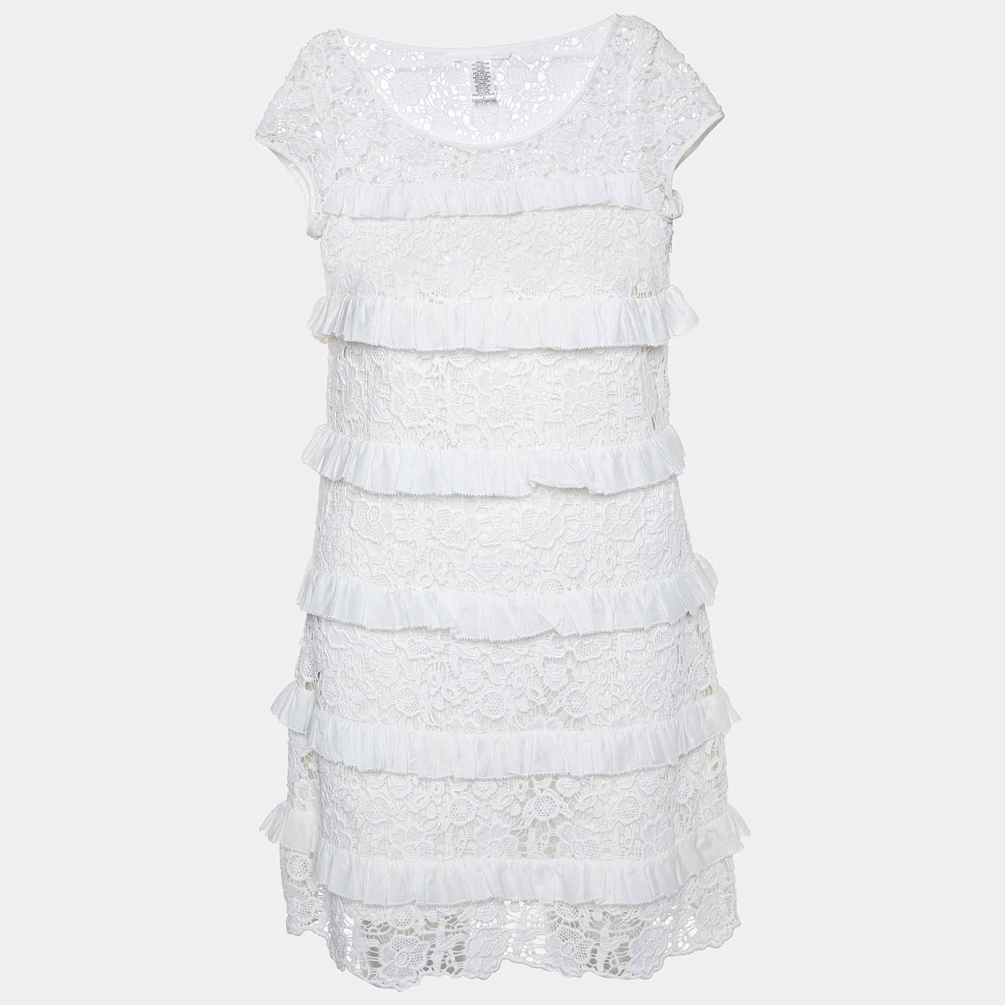 Pre Owned Diane Von Furstenberg White Lace Ruffle Detail Arcelia Dress M