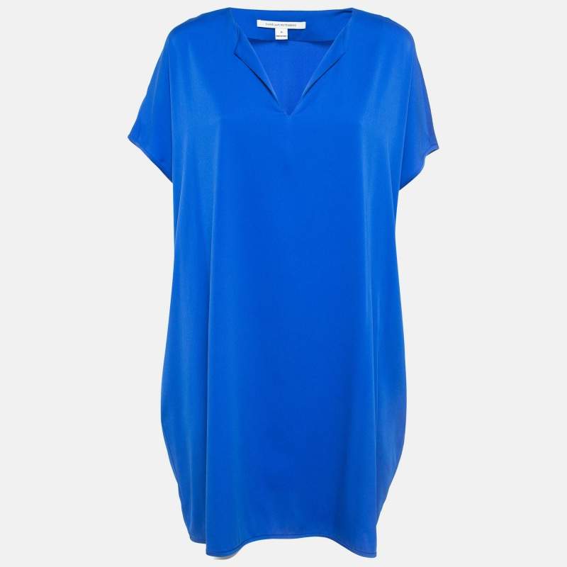 Pre Owned Diane Von Furstenberg Blue Stretch Satin Shift Dress M