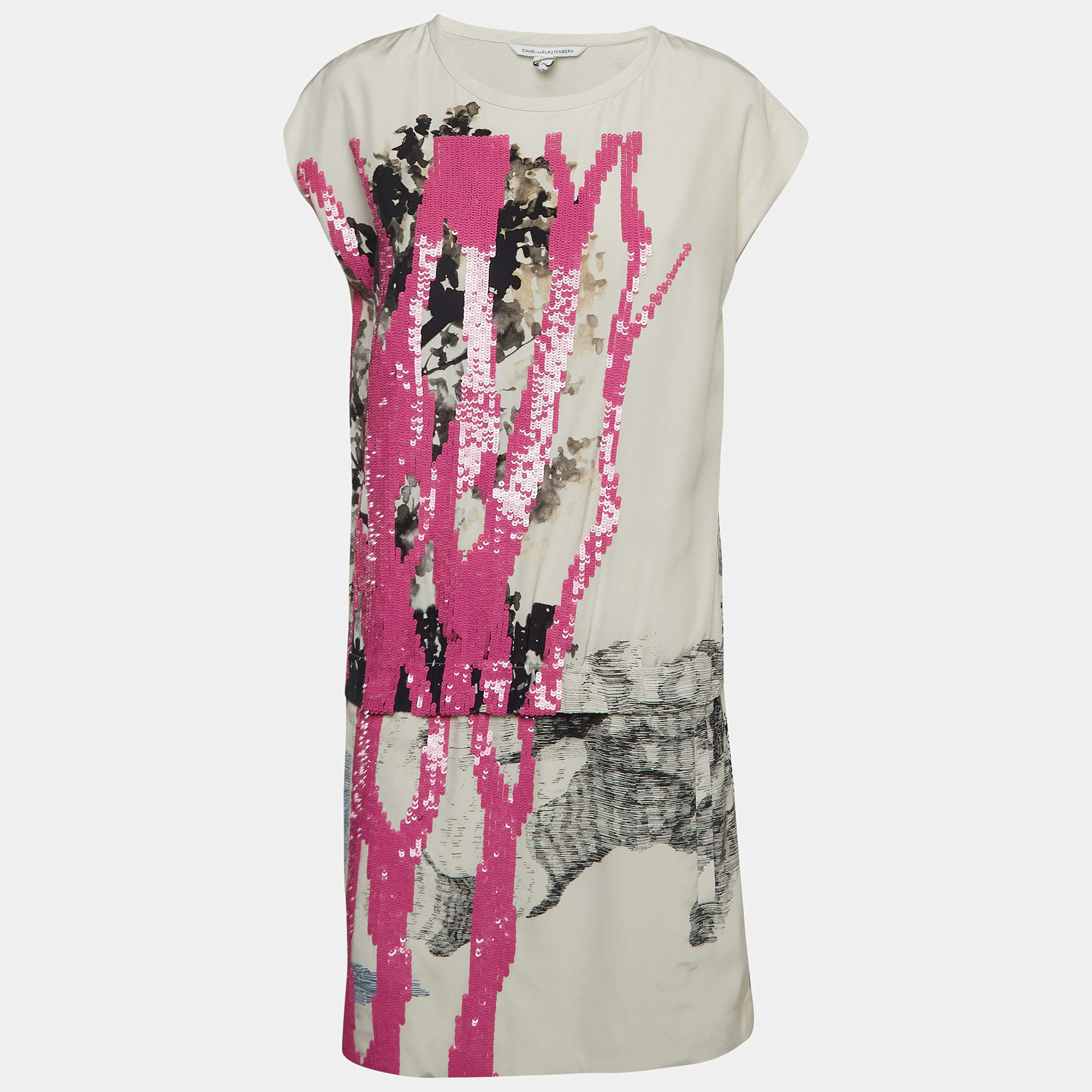 Diane Von Furstenberg White/Pink Sequin and Silk Tara Dress S