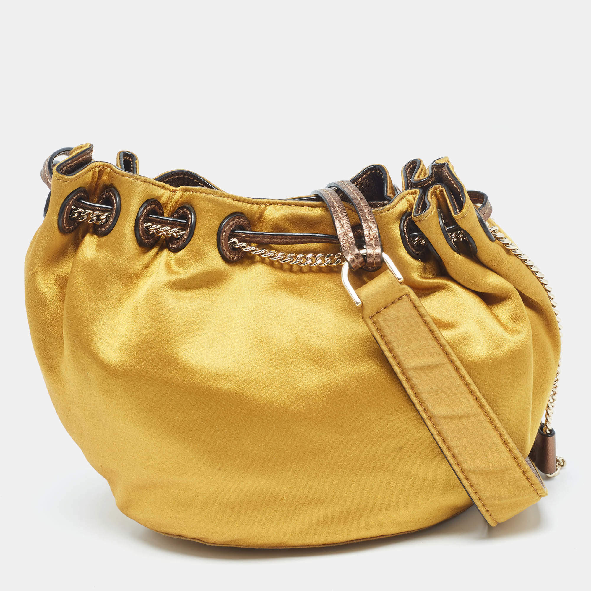 Pre Owned Diane Von Furstenberg Gold Satin Love Power Bucket Bag