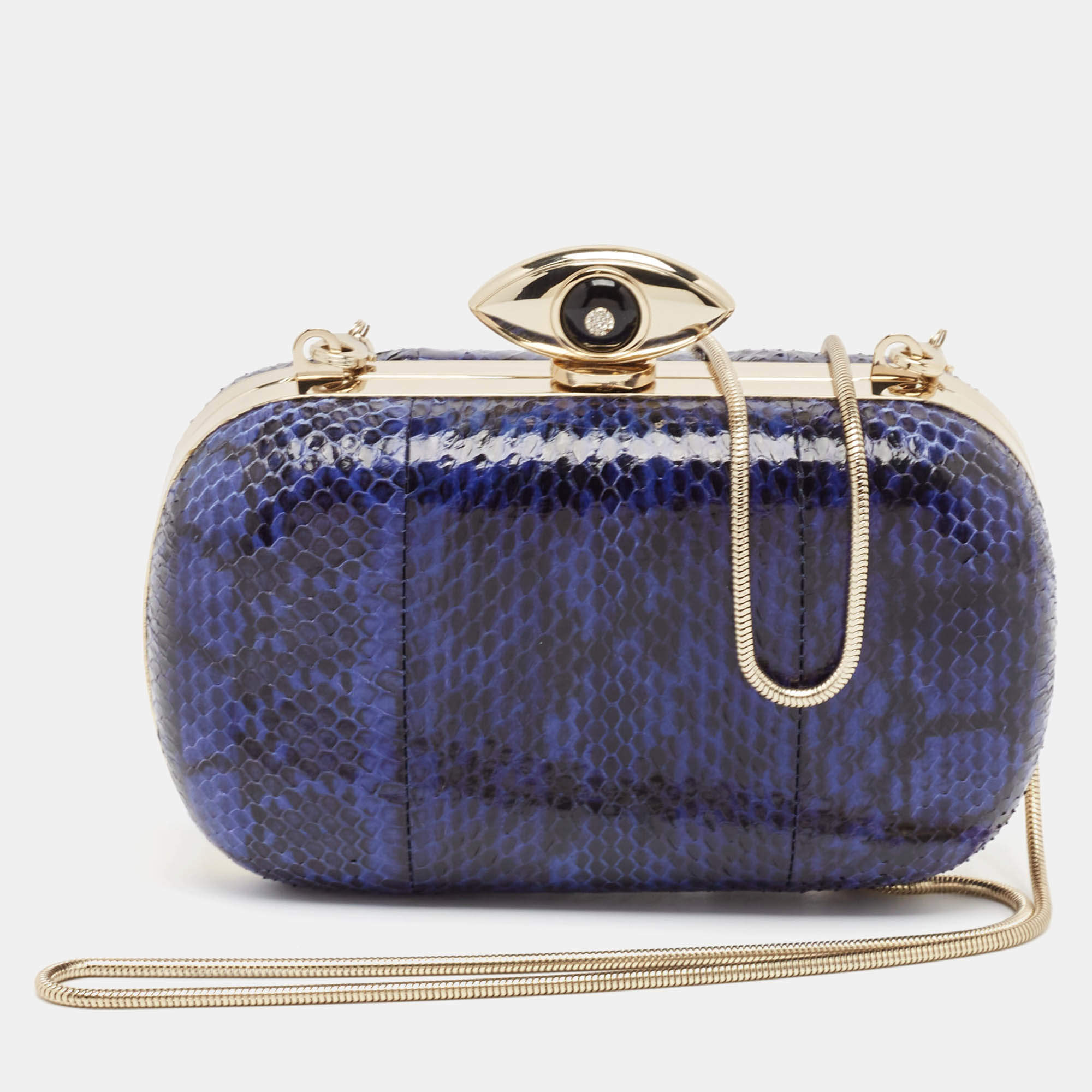 Pre Owned Diane Von Furstenberg Blue/Black Snakeskin Evil Eye Minaudiere Clutch