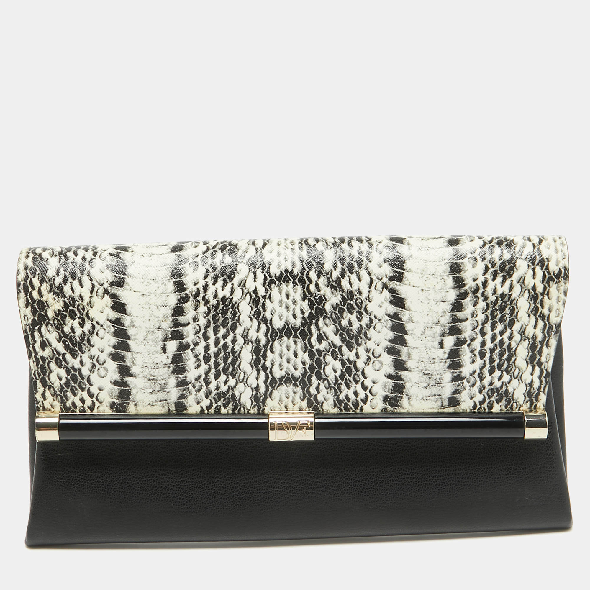 Diane von Furstenberg Black Python Embossed Leather 440 Envelope Clutch