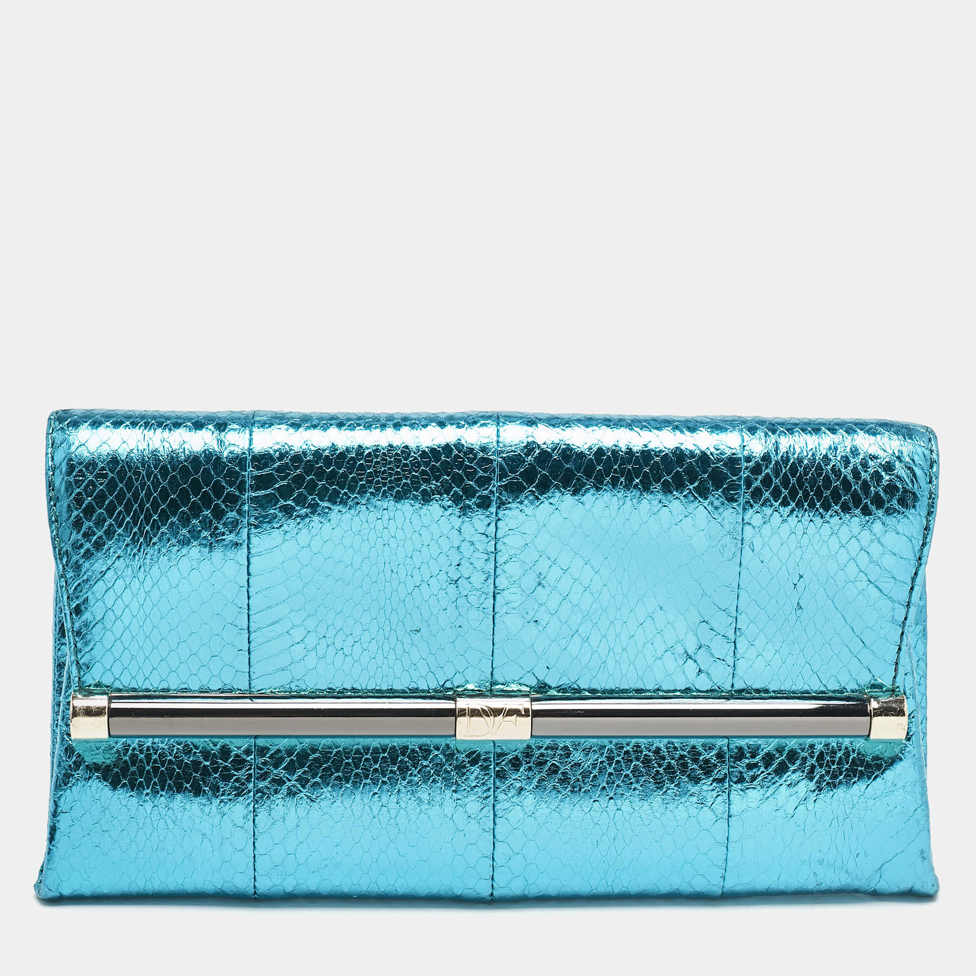 Diane Von Furstenberg Metallic Blue Foil Snakeskin Envelop Clutch
