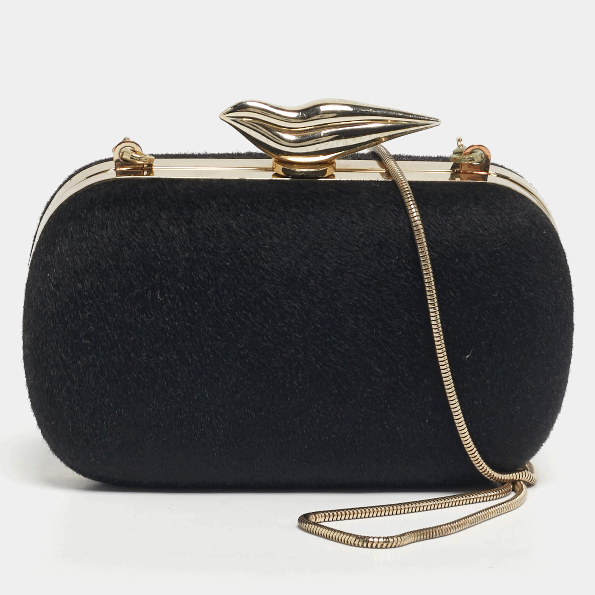 Pre Owned Diane Von Furstenberg Black Calfhair Flirty Minaudiere Chain Clutch
