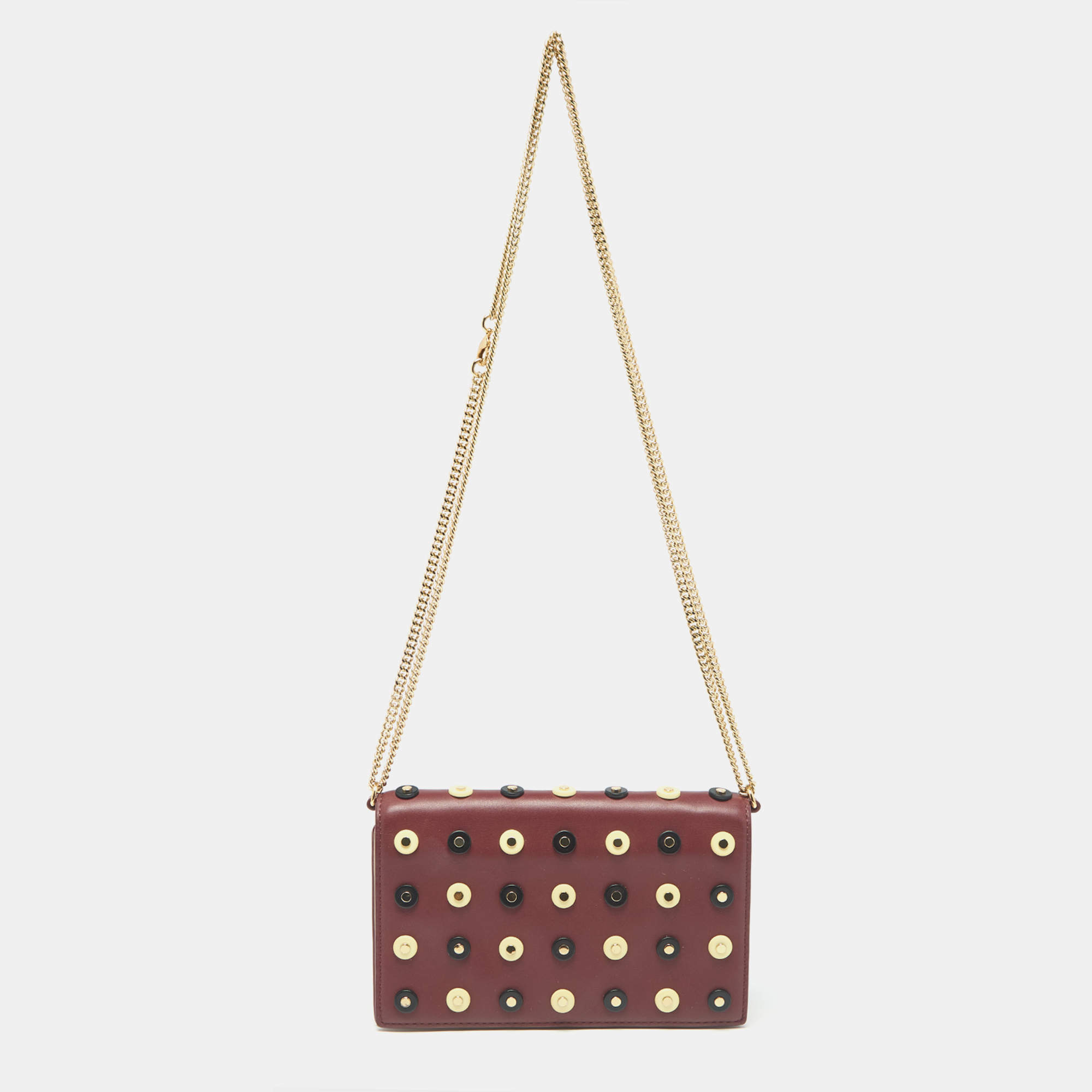 Pre Owned Diane Von Furstenberg Burgundy/Beige Leather Studded Soiree Clutch Bag