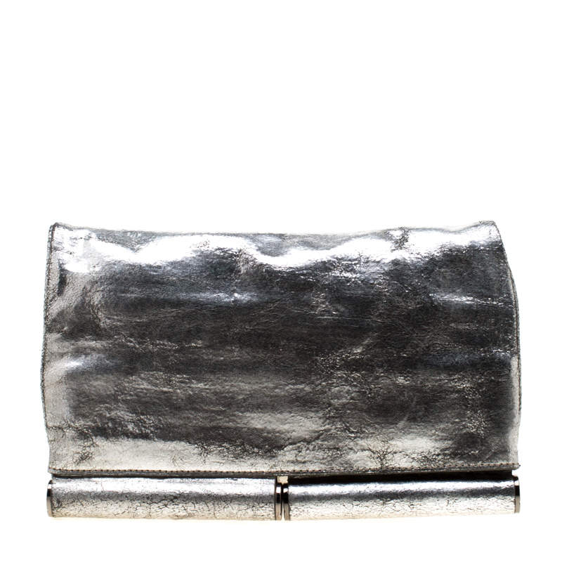 Pre Owned Diane Von Furstenberg Silver Metallic Leather Bonnie Foldover Clutch