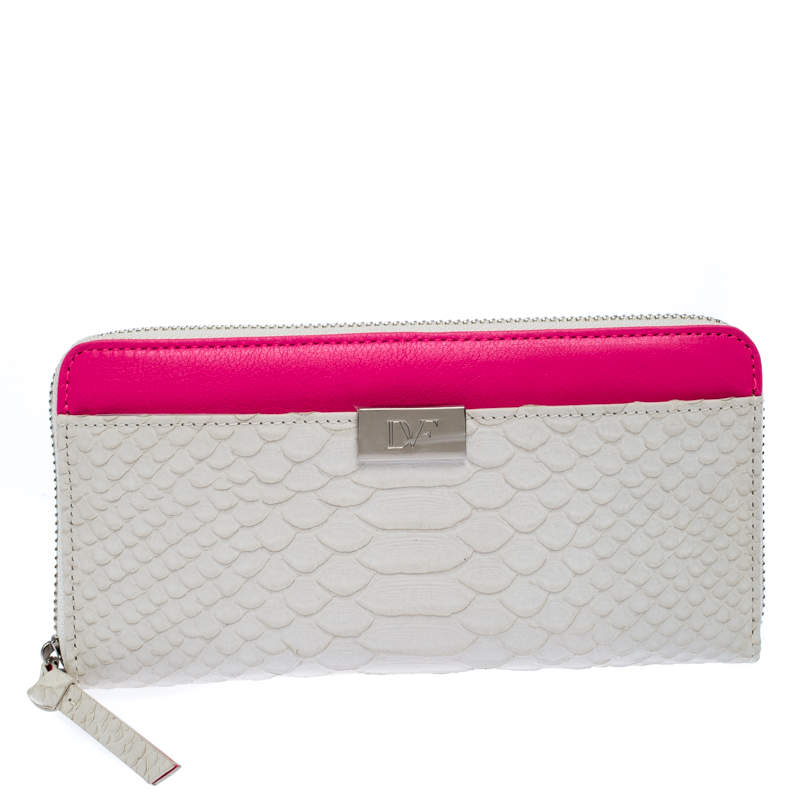 Pre Owned Diane Von Furstenberg White Python Embossed Leather Zip Around Wallet