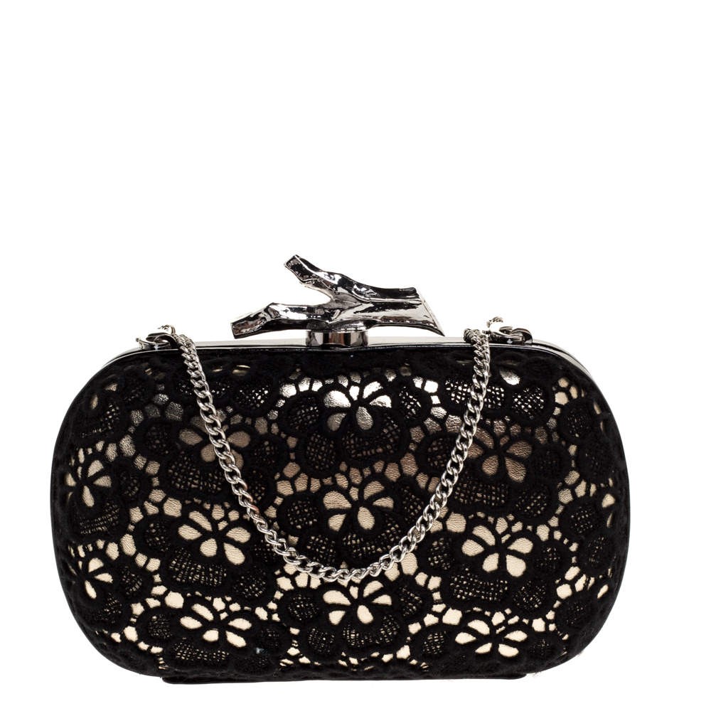 Pre Owned Diane Von Furstenberg Black/Gold Lace and Patent Leather Sphere Chain Clutch