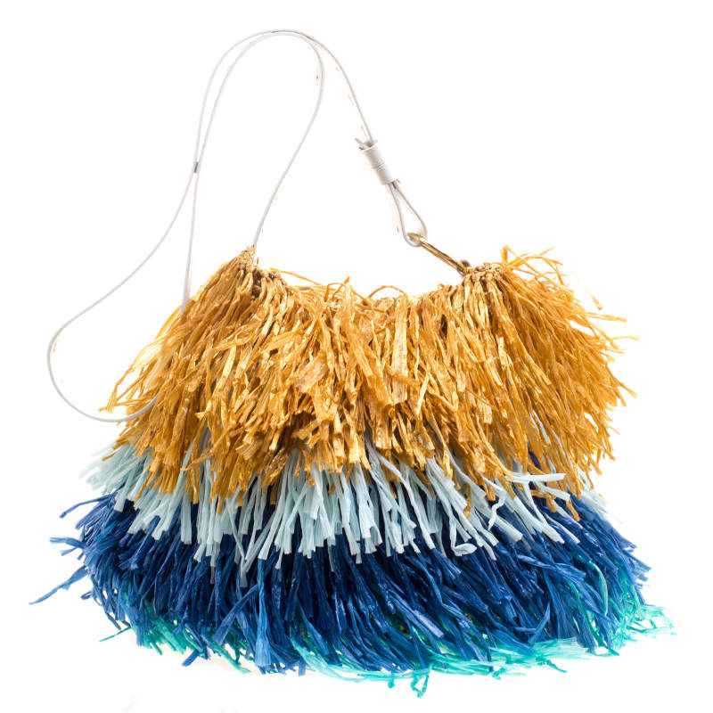 Pre Owned Diane Von Furstenberg Multicolor Raffia and Leather Fringe Shoulder Bag