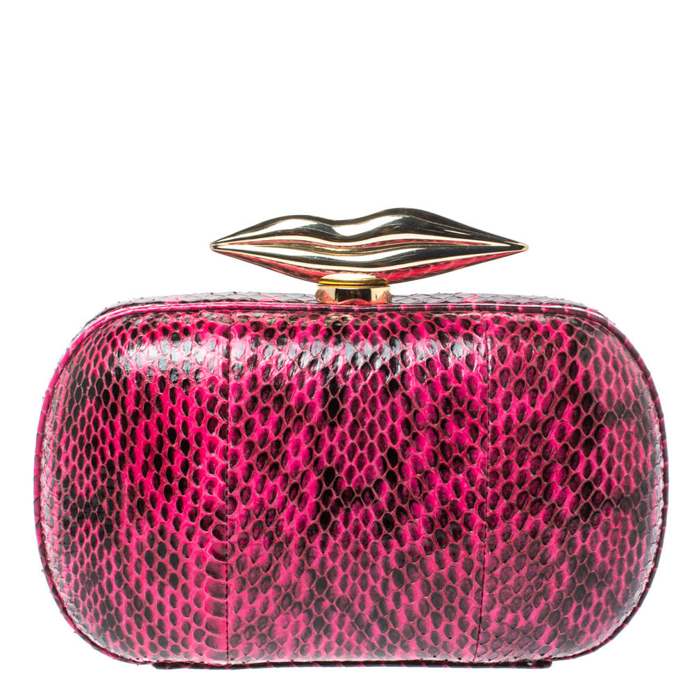 Pre Owned Diane Von Furstenberg Magenta/Black Python Flirty Minaudiere Chain Clutch