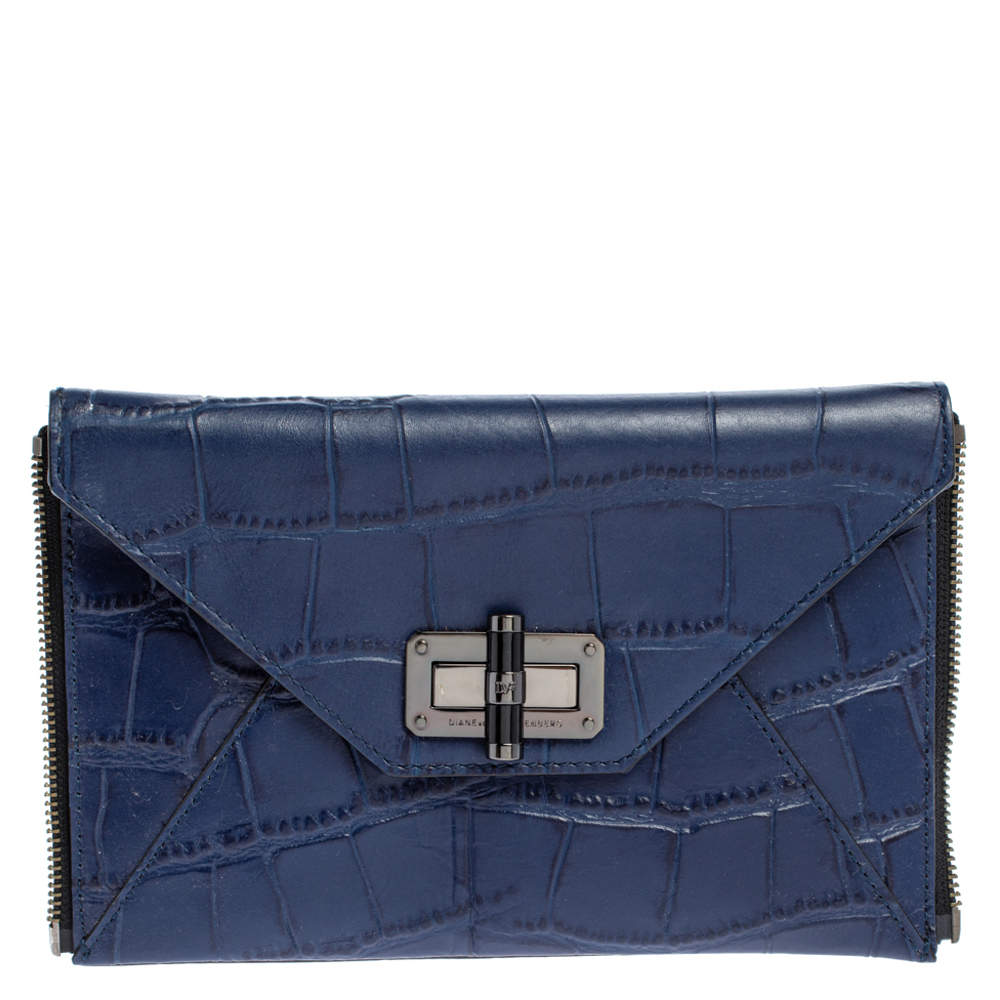 Pre Owned Diane Von Furstenberg Blue Croc Embossed Secret Agent Clutch