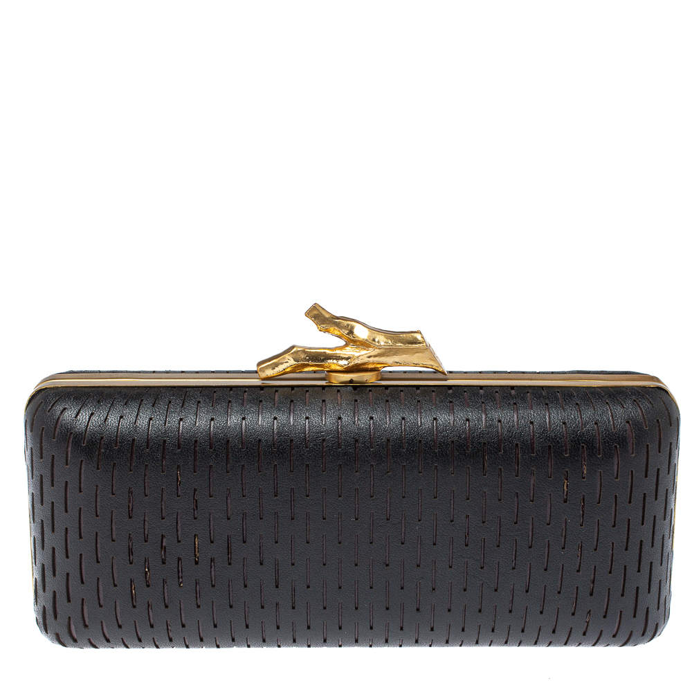 Pre Owned Diane von Furstenberg Black Perforated Leather Clutch
