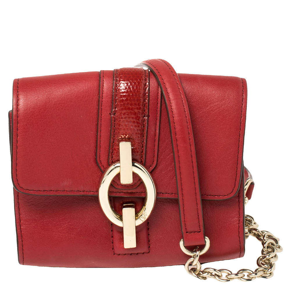 Pre Owned Diane Von Furstenberg Red Leather Micro Mini Sutra Crossbody Bag