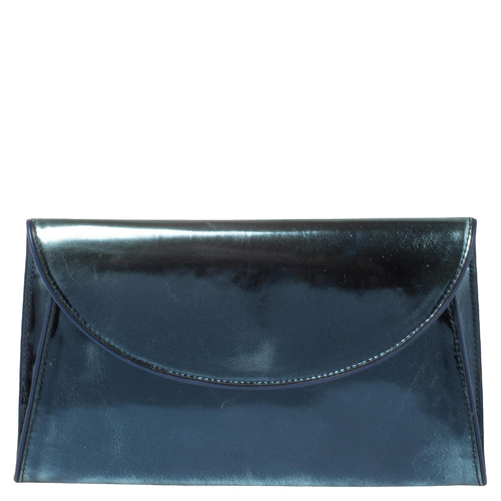 Pre Owned Diane Von Furstenberg Metallic Blue Patent Leather Clutch