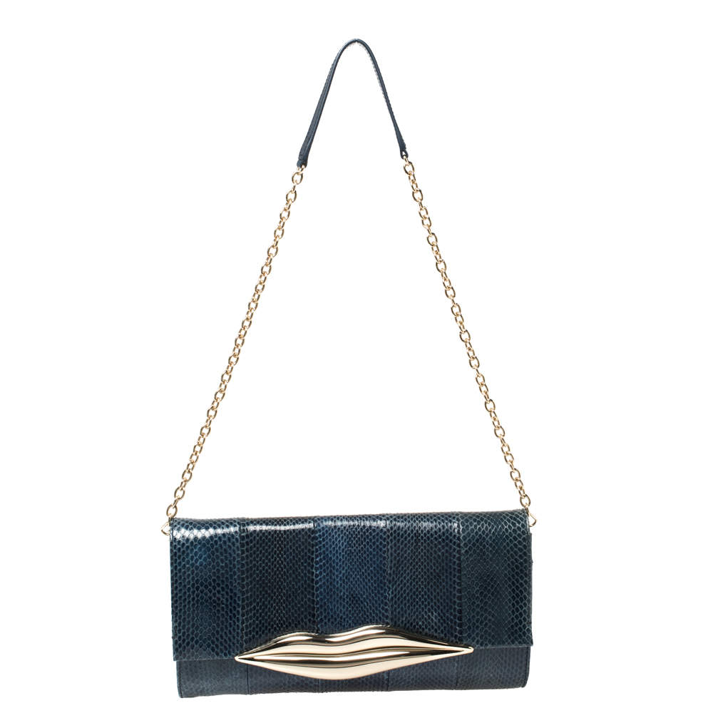 Pre Owned Diane Von Furstenberg Blue Snakeskin Carolina Lips Crossbody Bag