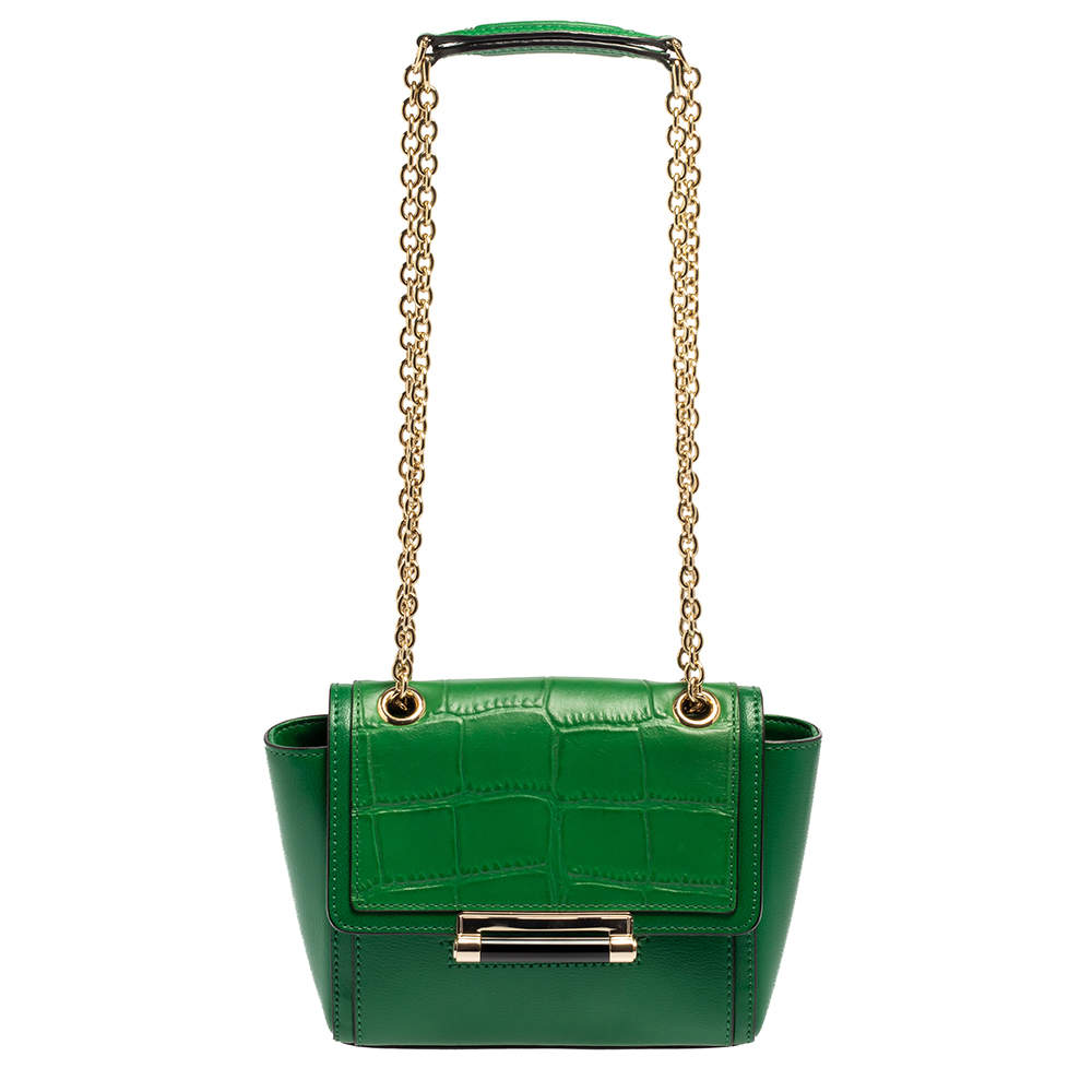 Pre Owned Diane Von Furstenberg Green Croc Embossed and Leather Shoulder Bag