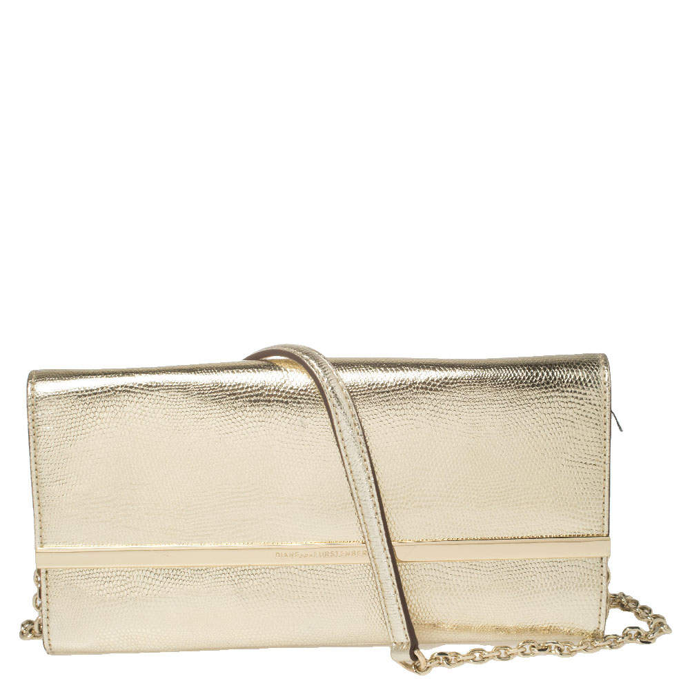 Pre Owned Diane Von Furstenberg Metallic Gold Lizard Embossed Leather Chain Clutch