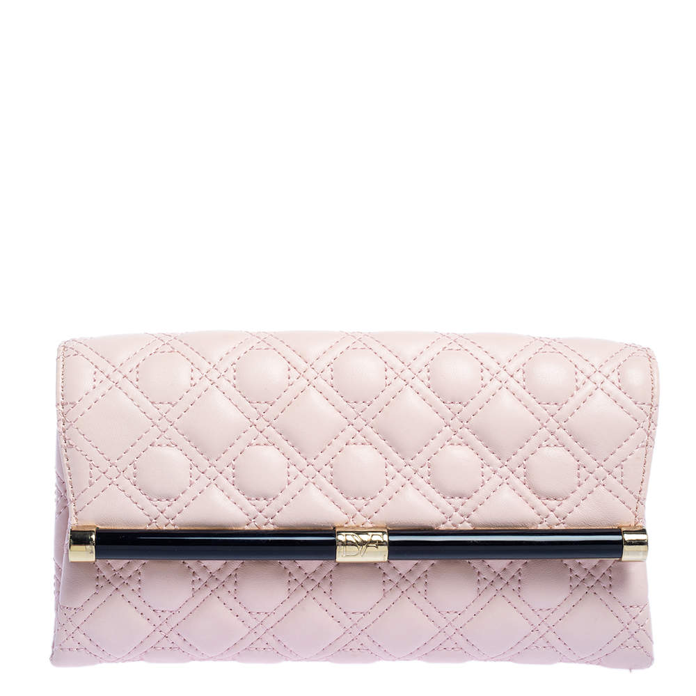 Pre Owned Diane Von Furstenberg Salmon Pink Quilted Leather 440 Flap Clutch