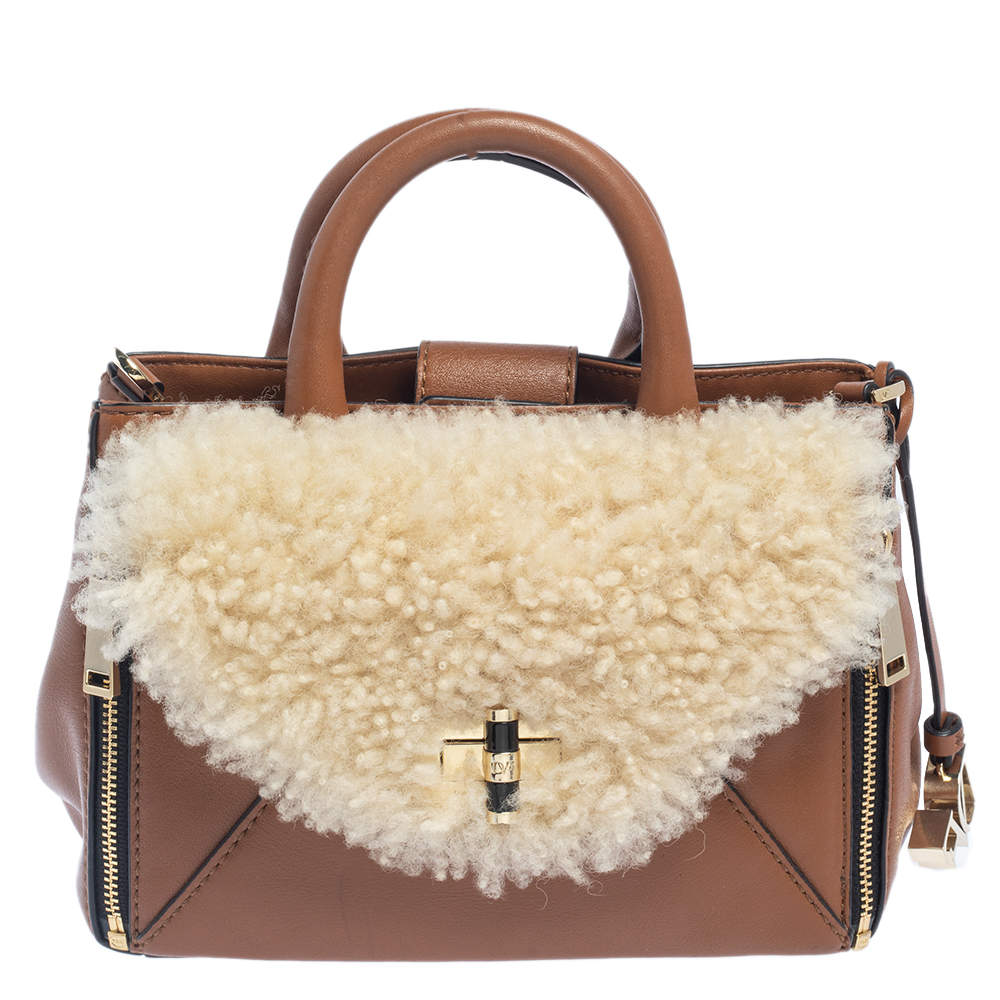 Pre Owned Diane von Furstenberg Brown Leather And Cream Shearling Fur Mini Secret Agent Tote