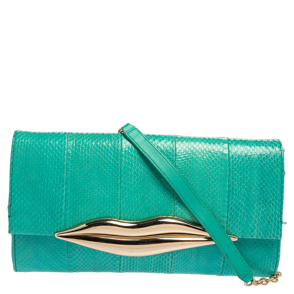 Pre Owned Diane von Furstenberg Blue Lagoon Python and Leather Carolina Lips Shoulder Bag