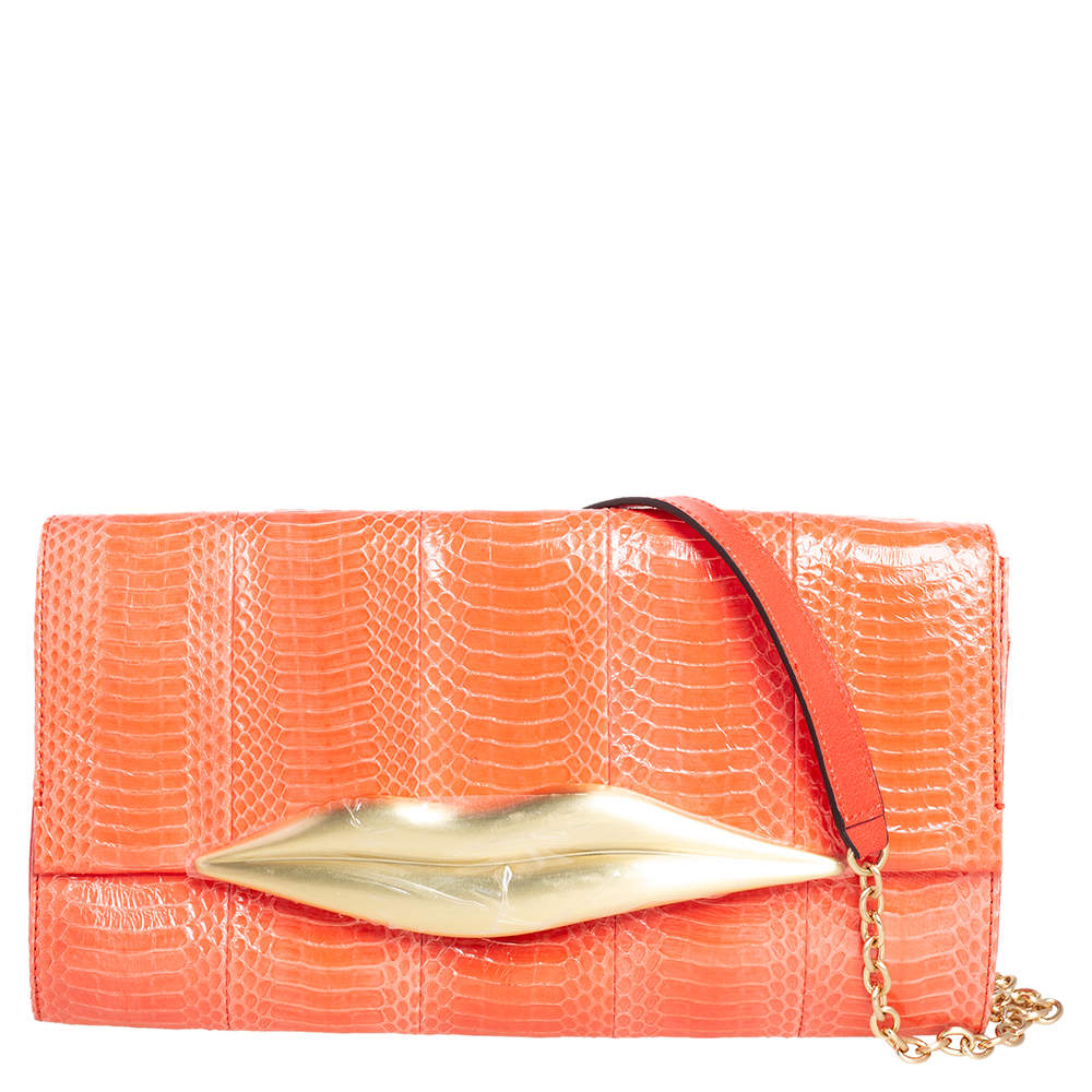 Pre Owned Diane von Furstenberg Orange Snakeskin Carolina Lips Crossbody Bag