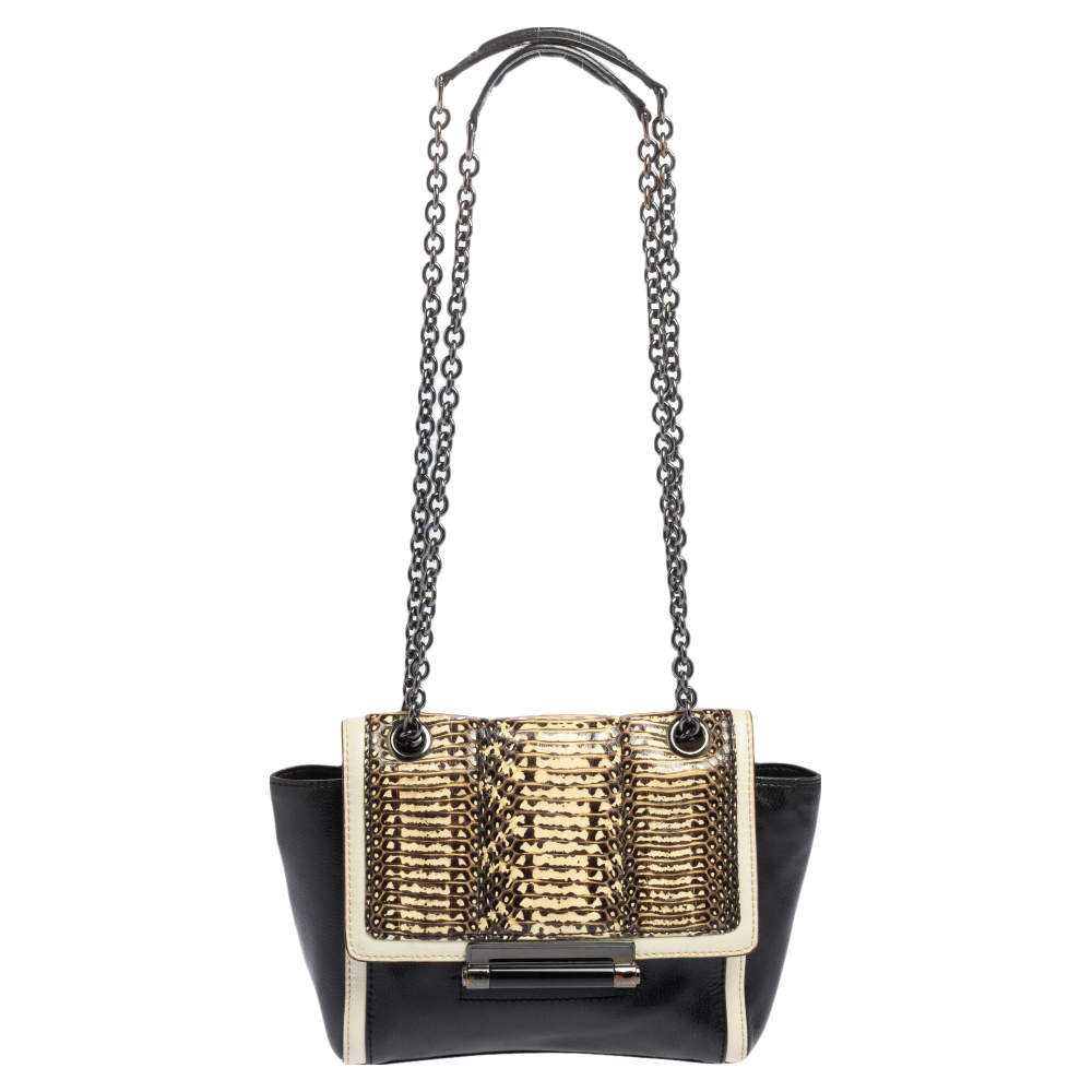 Diane Von Furstenberg Black/Cream Leather and Watersnake Highline Shoulder Bag