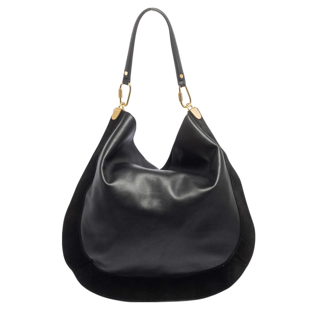 Pre Owned Diane Von Furstenberg Black Leather and Suede Moon Whisky Hobo