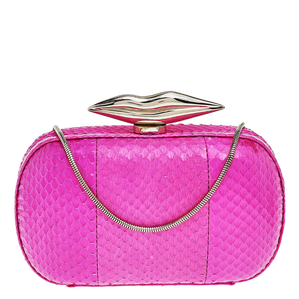 Pre Owned Diane von Furstenberg Pink Snakeskin Flirty Minaudiere Chain Clutch