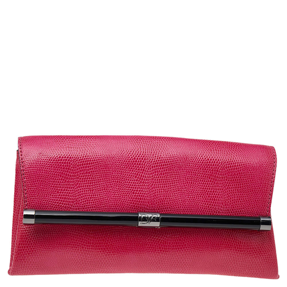 Pre Owned Diane von Furstenberg Pink Lizard Embossed Leather 440 Envelope Clutch