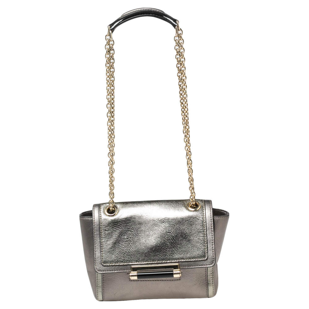 Diane von Furstenberg Grey/Metallic Lizard Embossed and Leather Mini 440 Shoulder Bag