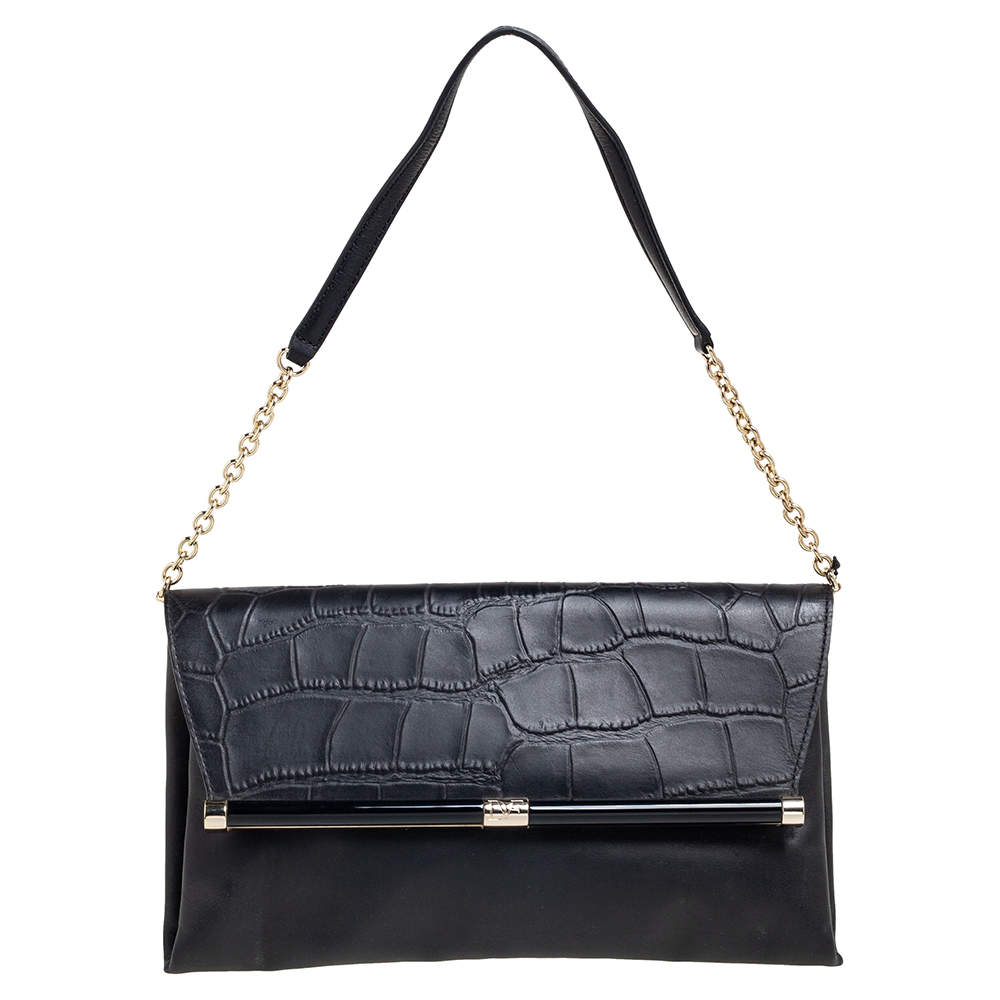Pre Owned Diane Von Furstenberg Black Leather and Croc Embossed Leather Flap Shoulder Bag