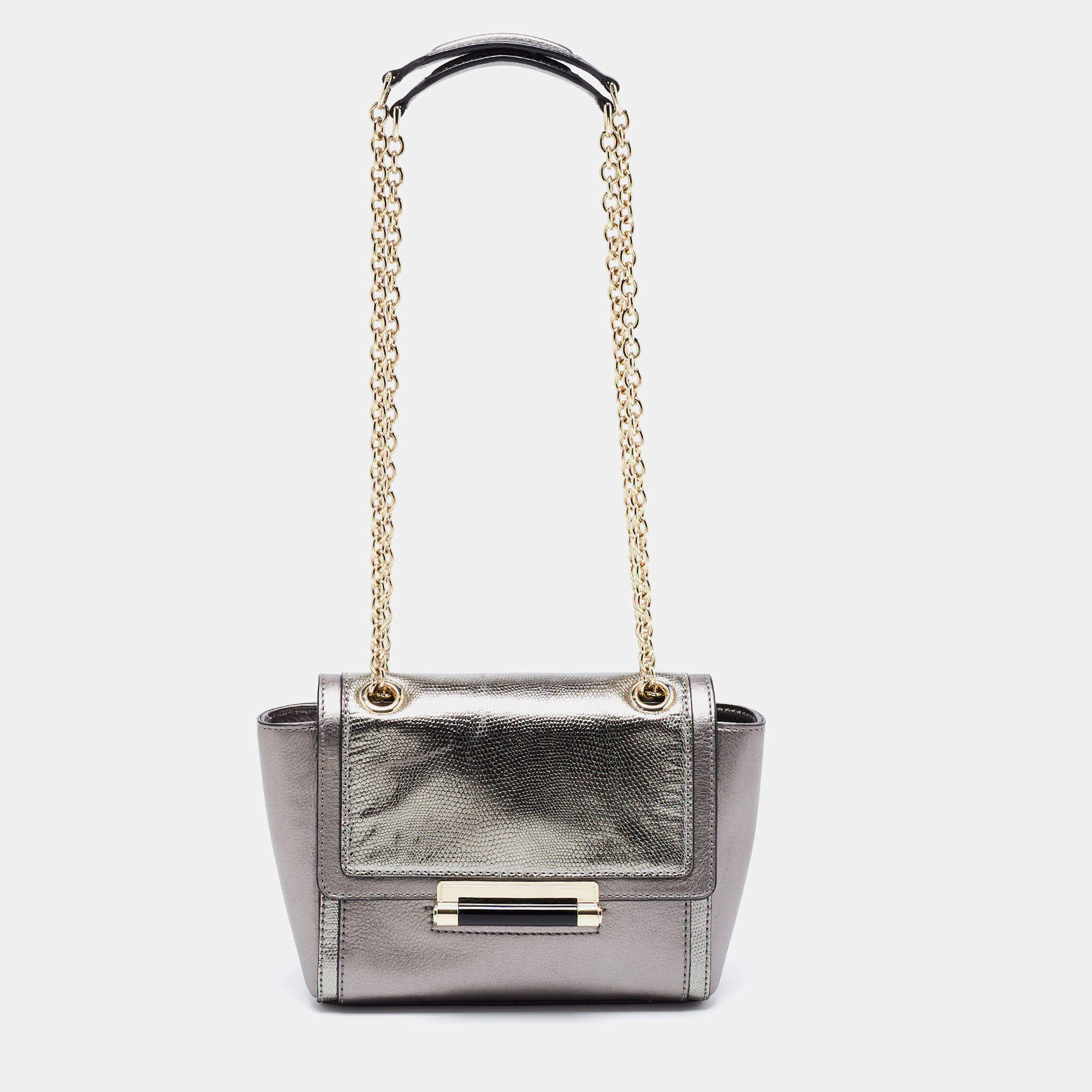Diane von Furstenberg Metallic Grey Lizard Embossed and Leather Mini 440 Shoulder Bag