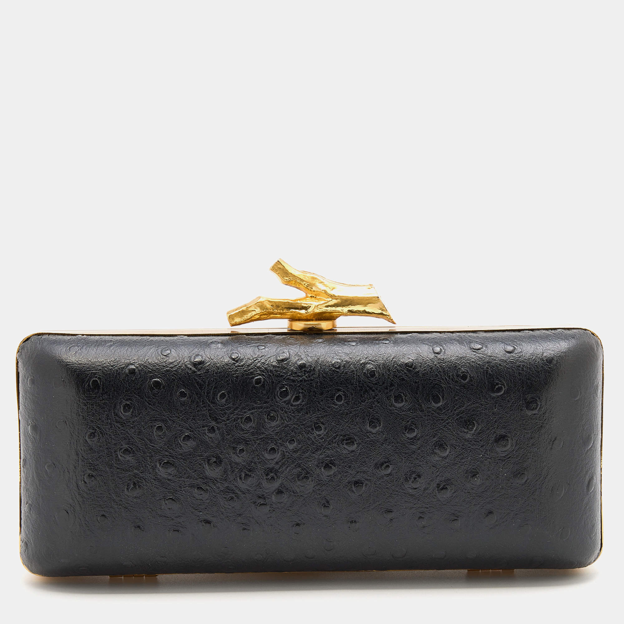 Pre Owned Diane Von Furstenberg Black Ostrich Embossed Leather Tonda Clutch