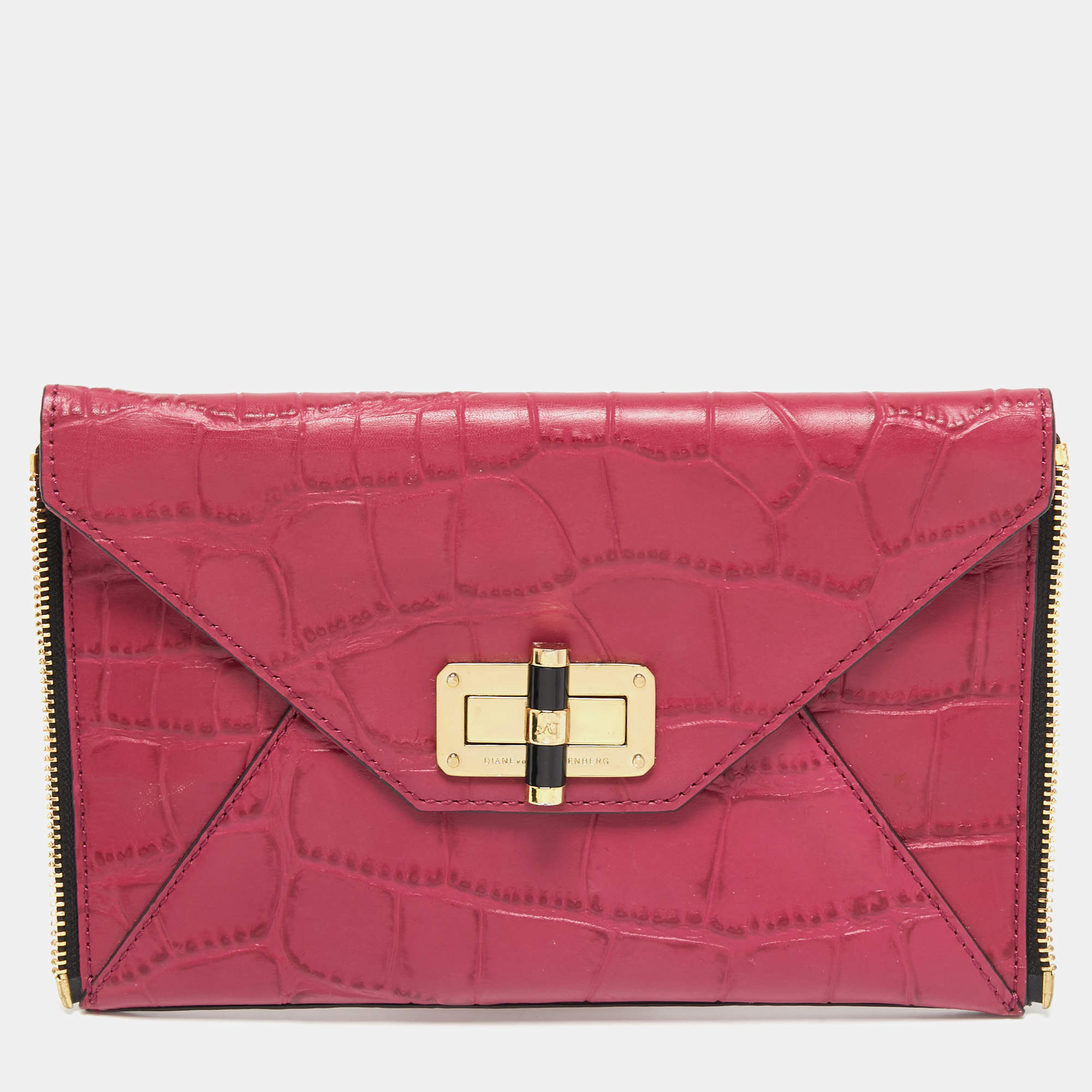 Pre Owned Diane Von Furstenberg Pink Croc Embossed Leather Secret Agent Clutch