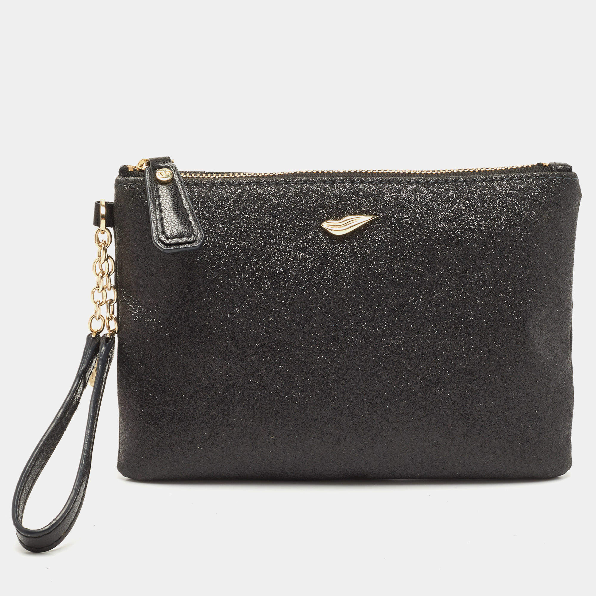 Pre Owned Diane Von Furstenberg Black Glitter Fabric Glitterati Wristlet Pouch