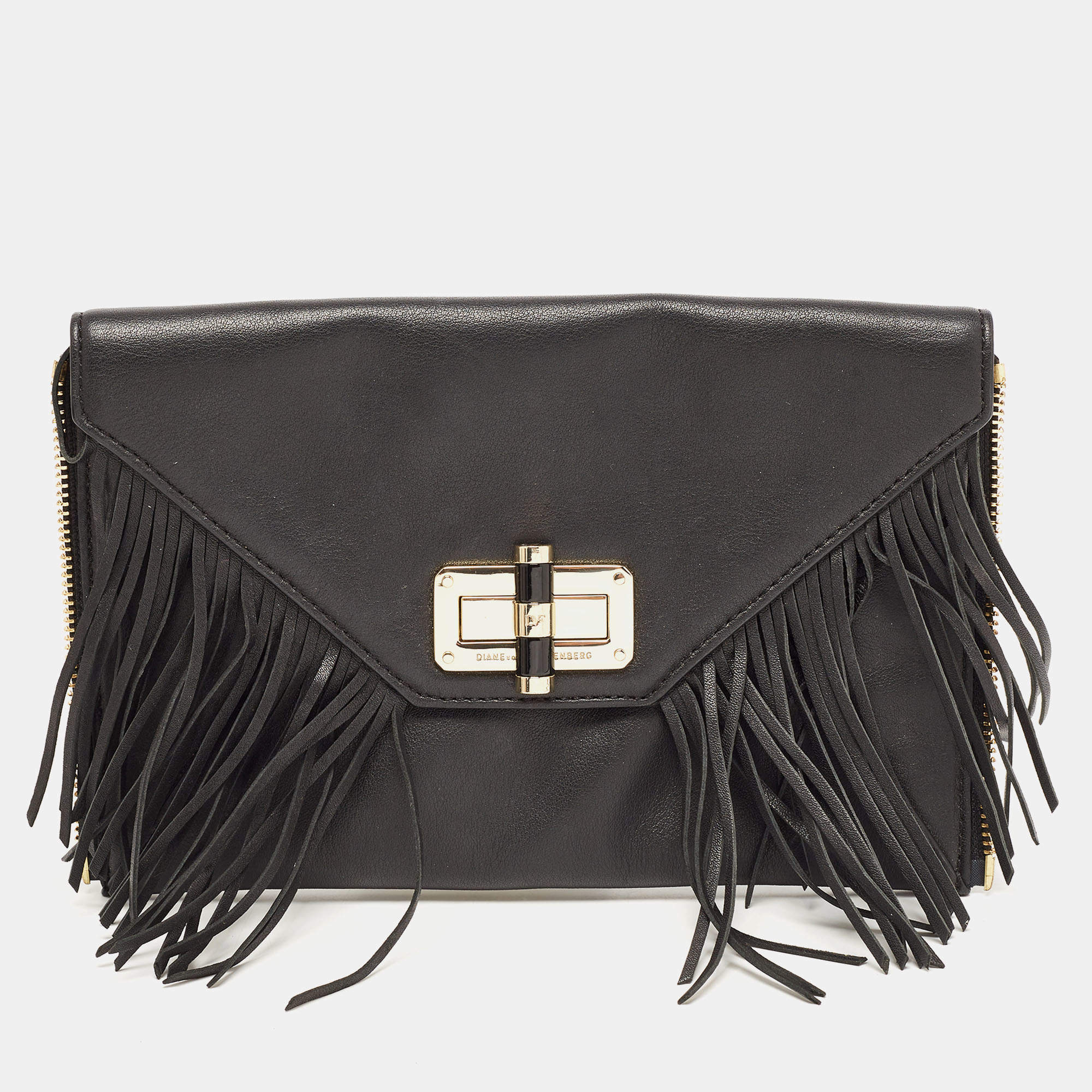 Pre Owned Diane von Furstenberg Black Leather Folio Fringe Clutch