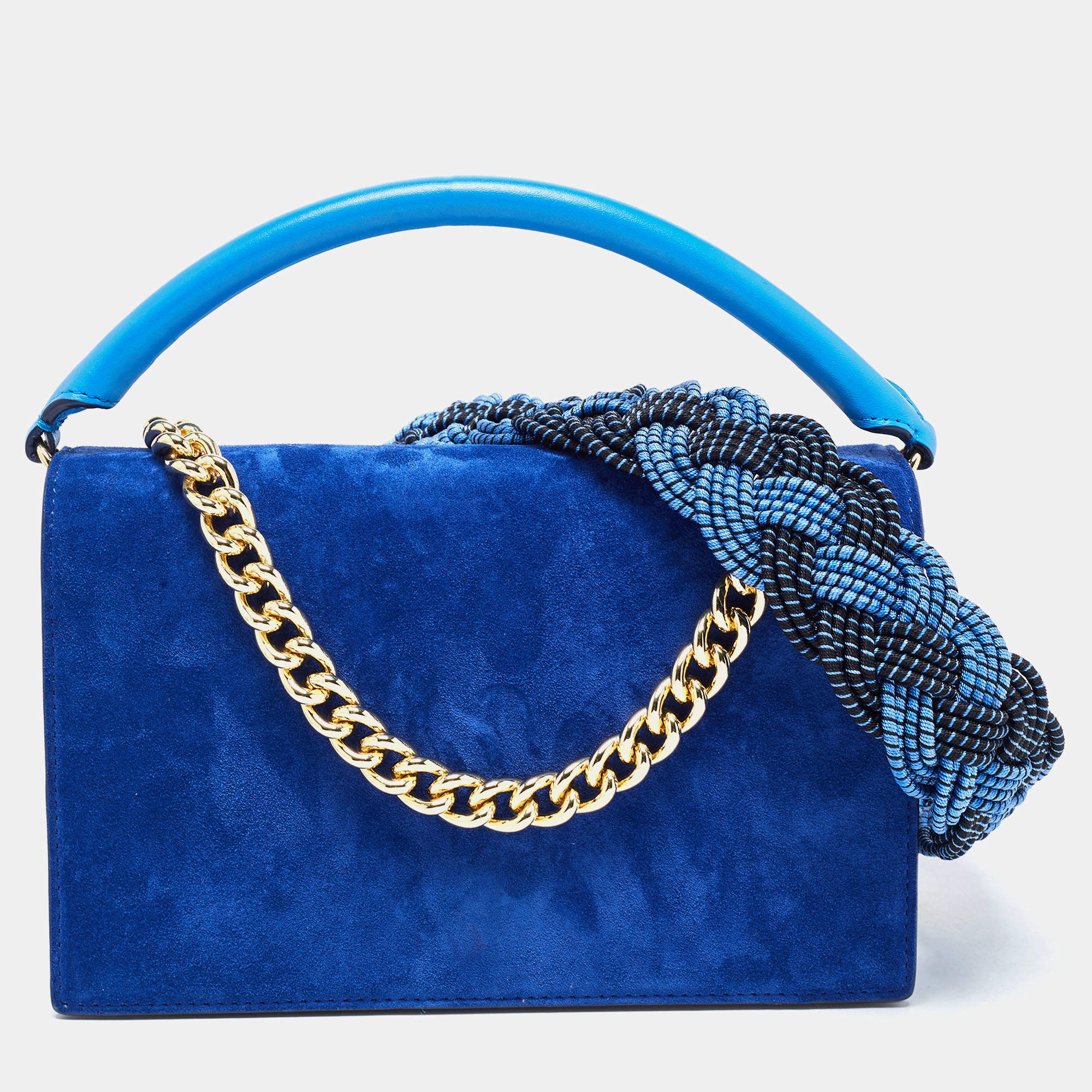 Pre Owned Diane Von Furstenberg Two Tone Blue Leather and Suede Soiree Top Handle Bag
