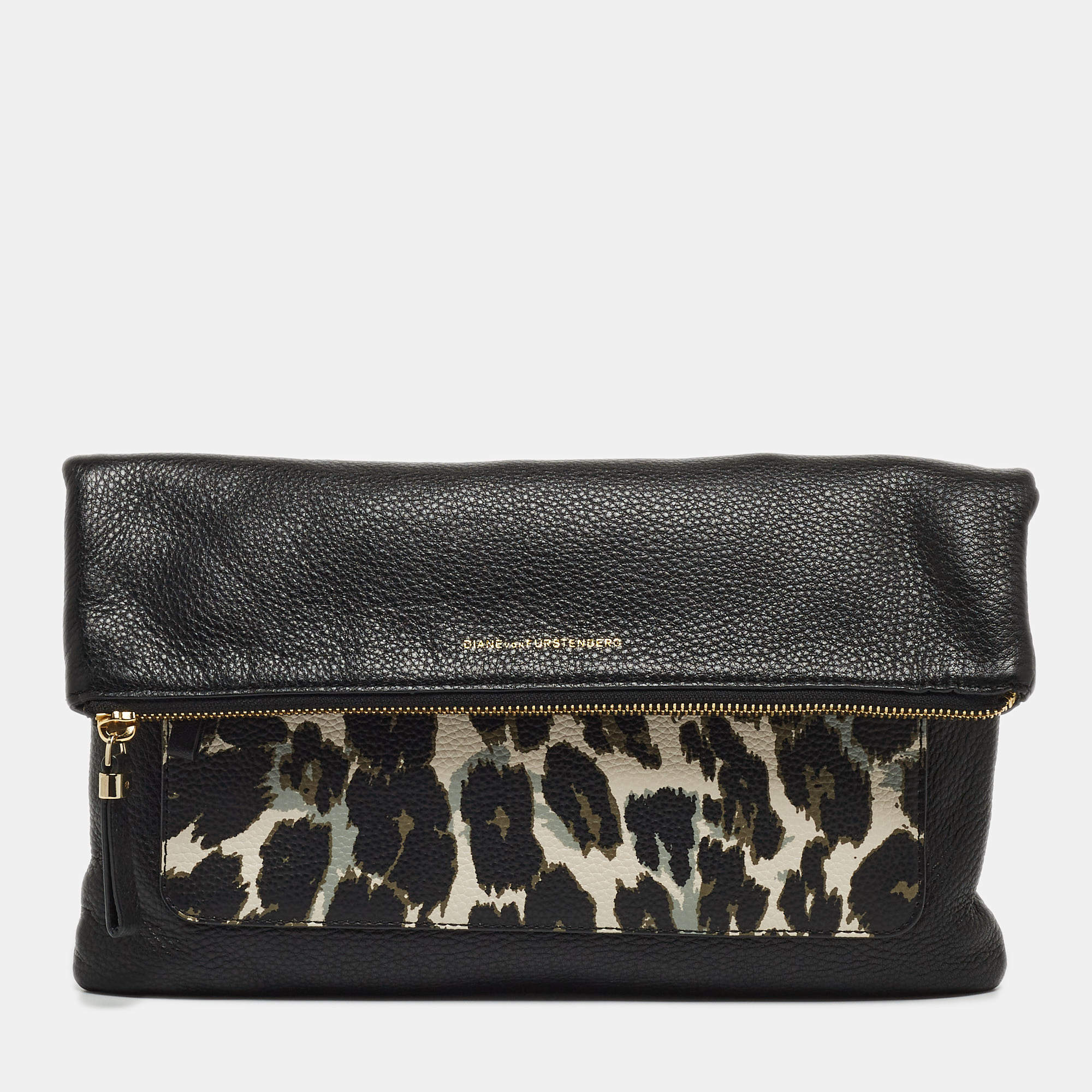 Diane Von Furstenberg Black Leopard Print Leather Fold Over Pouch