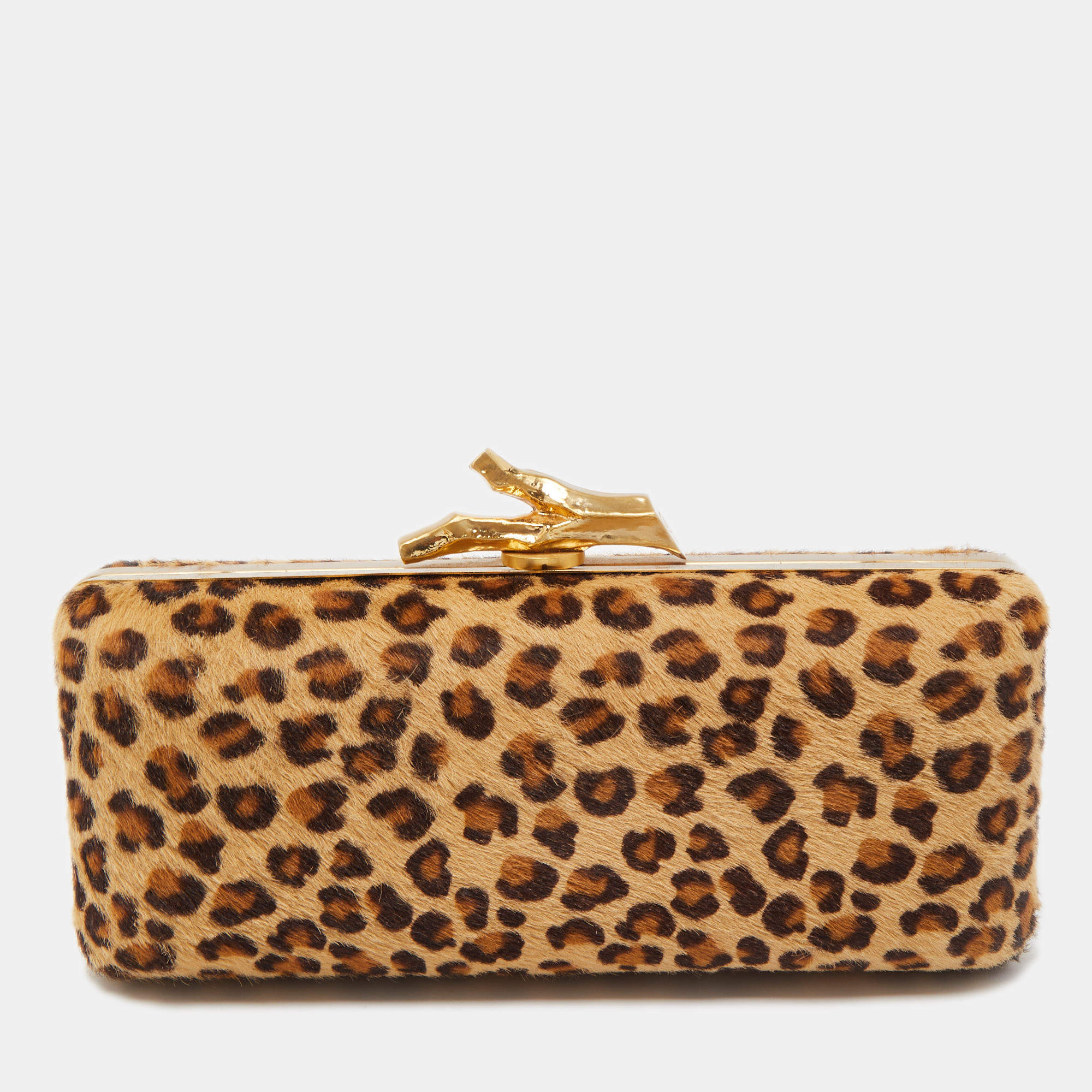 Pre Owned Diane Von Furstenberg Brown Leopard Print Calfhair Lytton Minaudiere Clutch